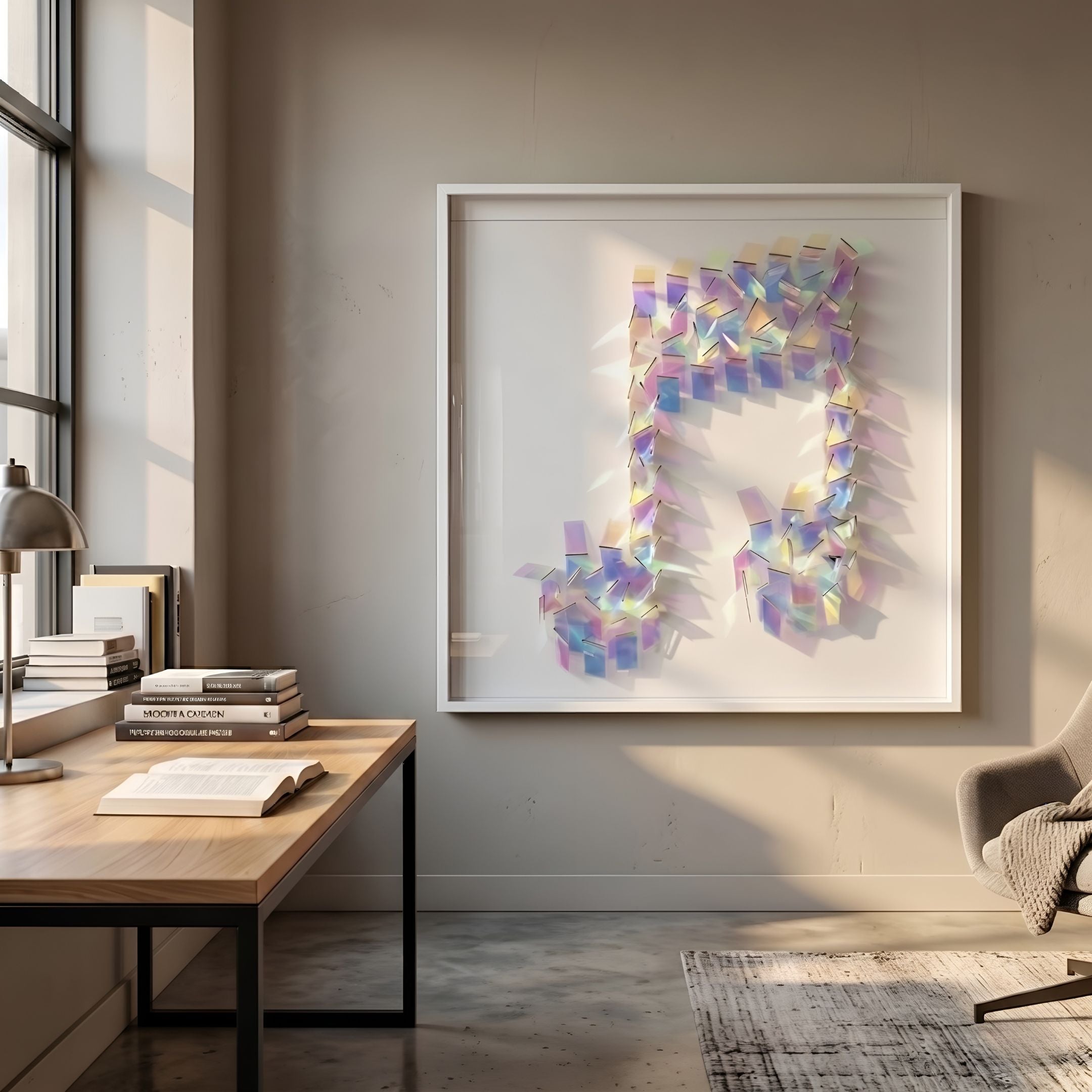 Holoira Music Note Iridescent Ripple Acrylic 3D Wall Art by Giant Sculptures displayed in a sunlit home office above a wooden desk with books and a lamp.