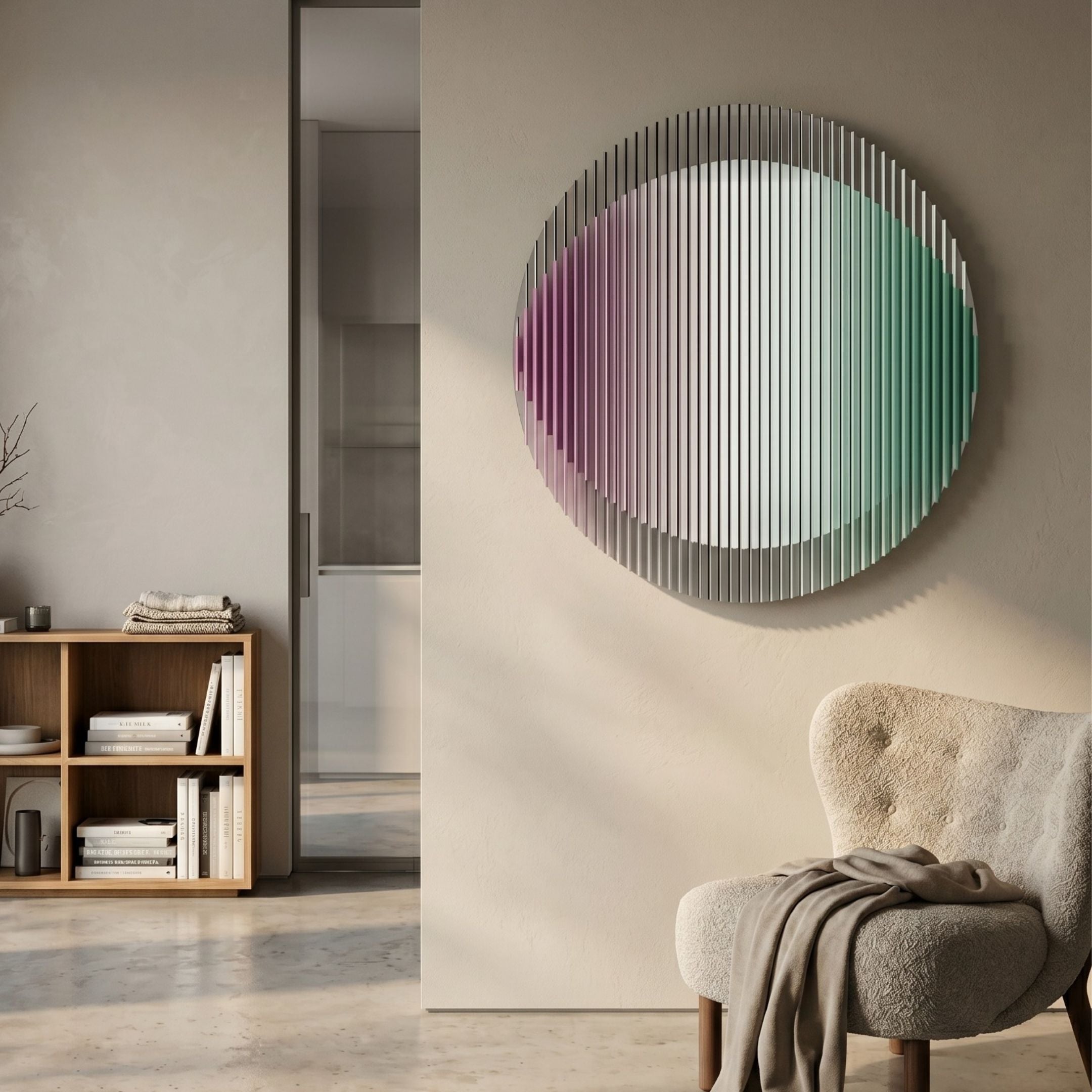 Sonorad Plum & Aqua Gradient Round Acrylic 3D Wall Art by Giant Sculptures mounted in a neutral living room above a bouclé armchair beside a wooden bookshelf.