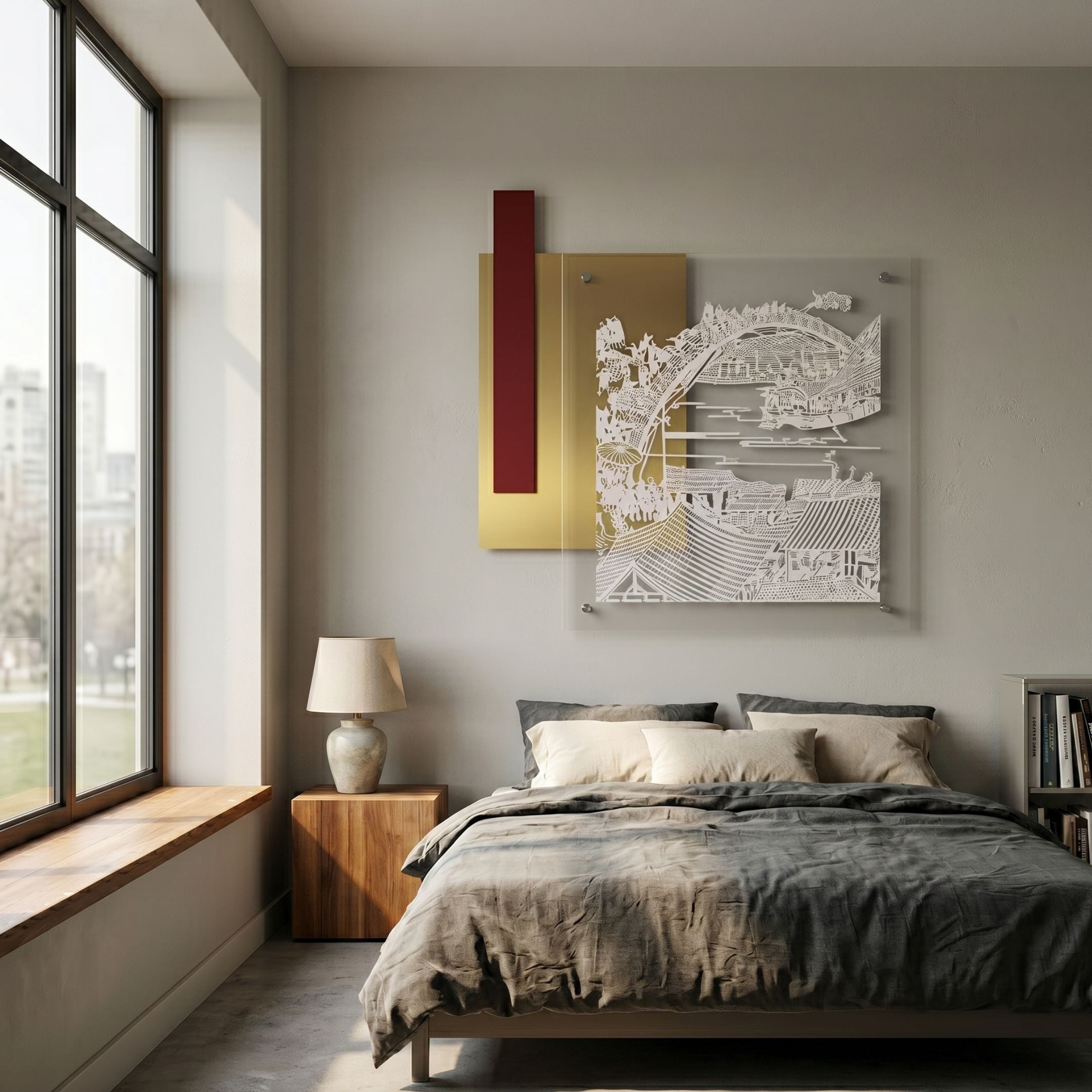 Inkarch Red & Gold Overlook Scene Acrylic 3D Wall Art with white embossed cityscape, brushed gold panel, and red leather strip above a bed in a modern bedroom.