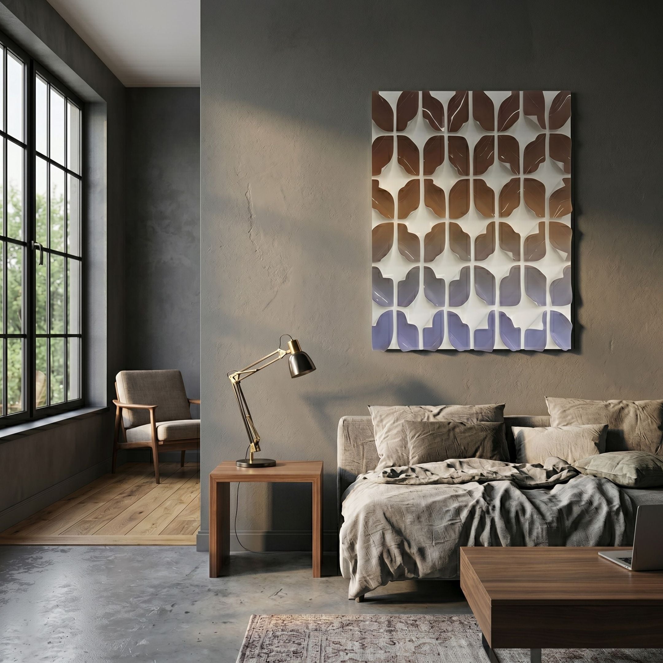 Foliora Cocoa & Lilac Grid Leaf Acrylic 3D Wall Art displayed above a linen bed in a grey-toned bedroom with a wooden side table and brass desk lamp.