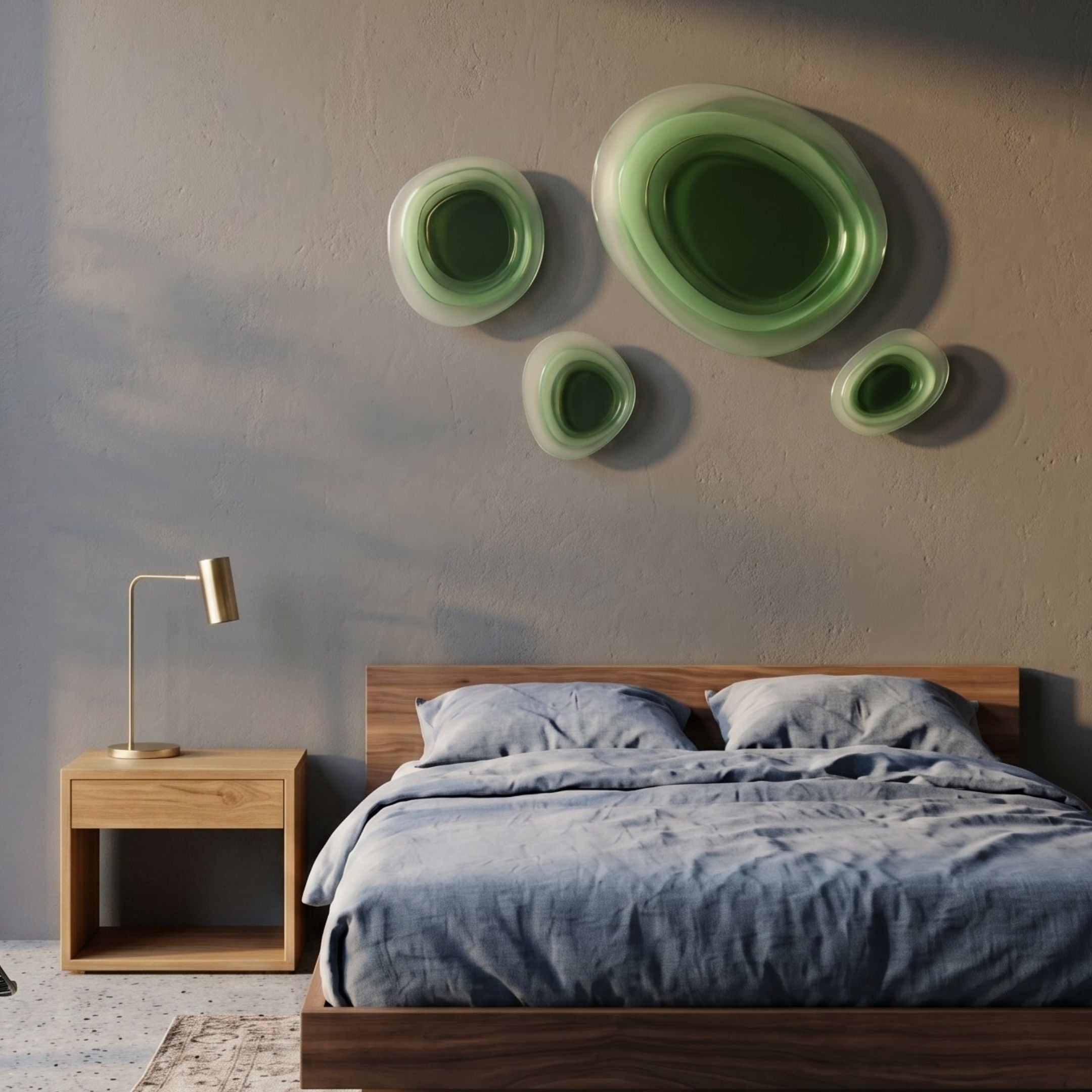Nuvora Green Gradient Cluster 3D Acrylic Wall Art by Giant Sculptures mounted above a wooden bed with blue linens and a brass lamp on a bedside table.