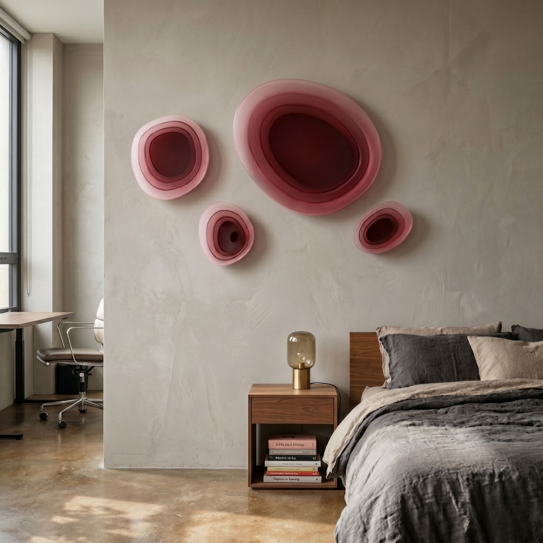 Nuvora Red Gradient Cluster 3D Acrylic Wall Art by Giant Sculptures, four organic layered forms in crimson to blush pink, displayed above a bedroom nightstand.