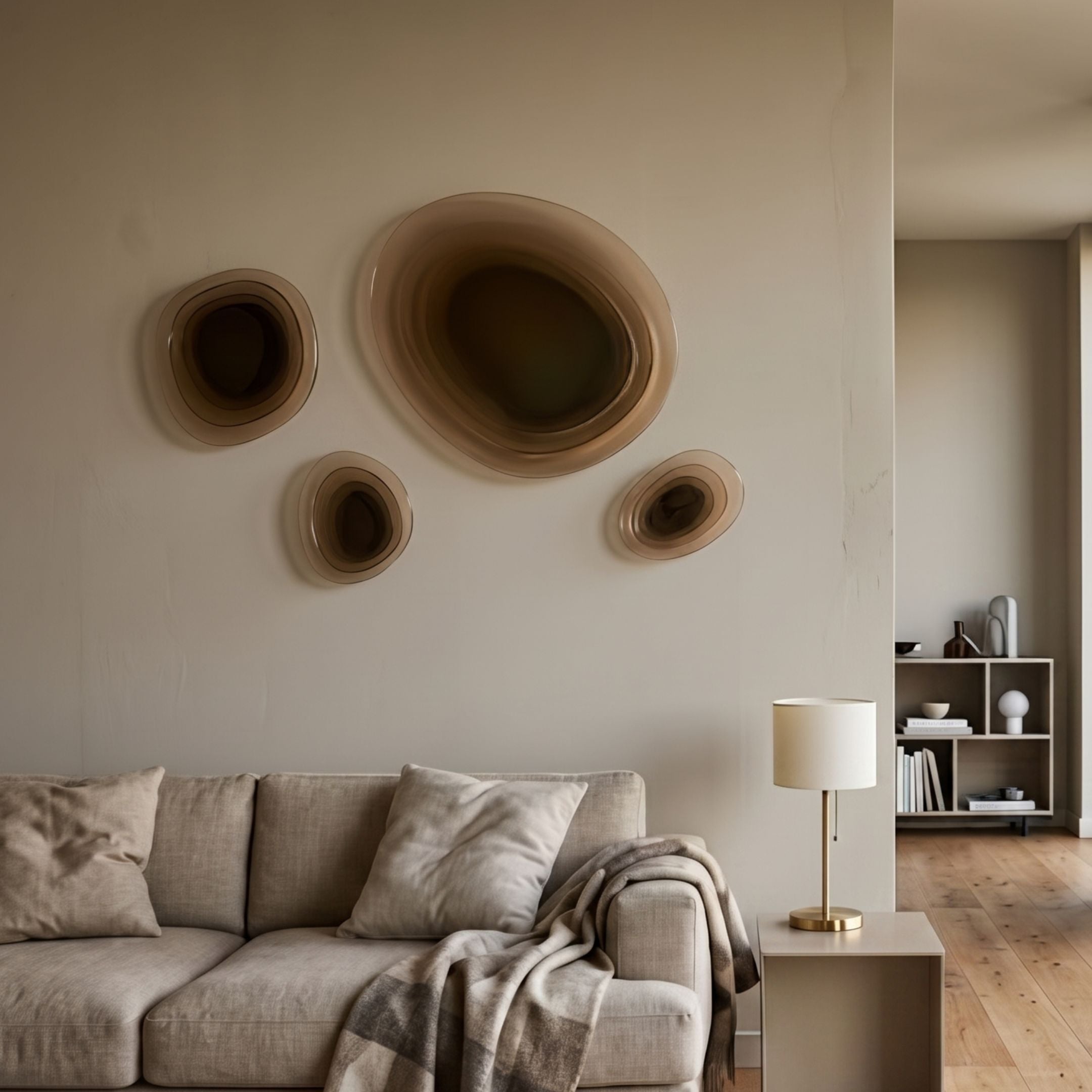 Nuvora Beige Gradient Cluster 3D Acrylic Wall Art mounted above a beige sofa with throw and brass lamp, four layered oval forms in espresso-to-cream tones.