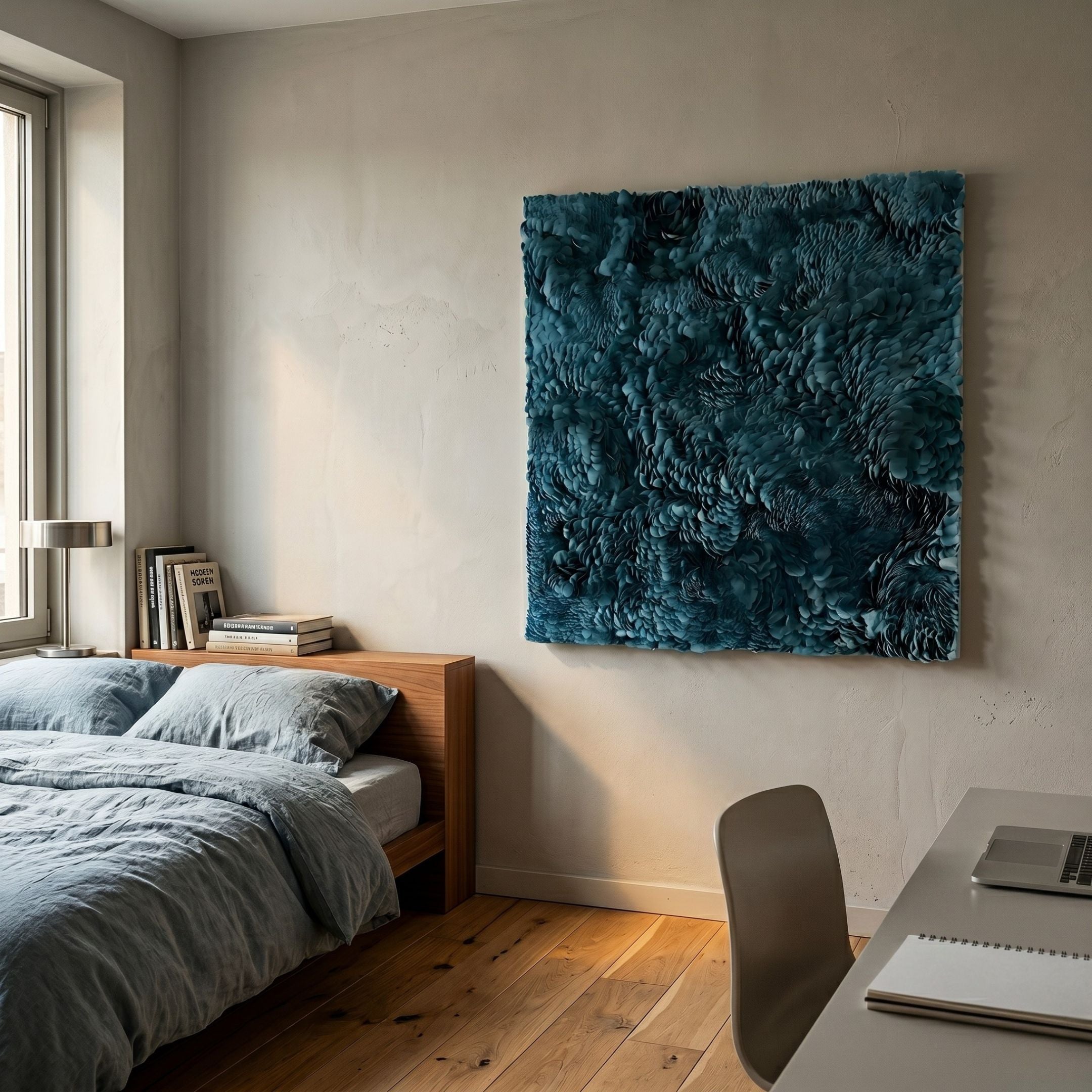 Auralith Teal Blue Layered Leather & Acrylic 3D Wall Art by Giant Sculptures displayed above a wooden bed with grey linens in a modern bedroom.