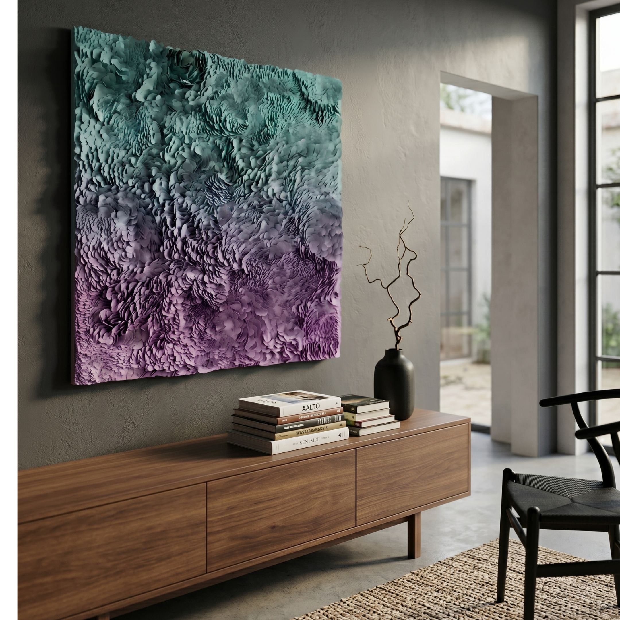 Auralith Lilac Fade Layered Leather & Acrylic 3D Wall Art by Giant Sculptures displayed above a walnut sideboard with books and a black vase in a grey-walled room.