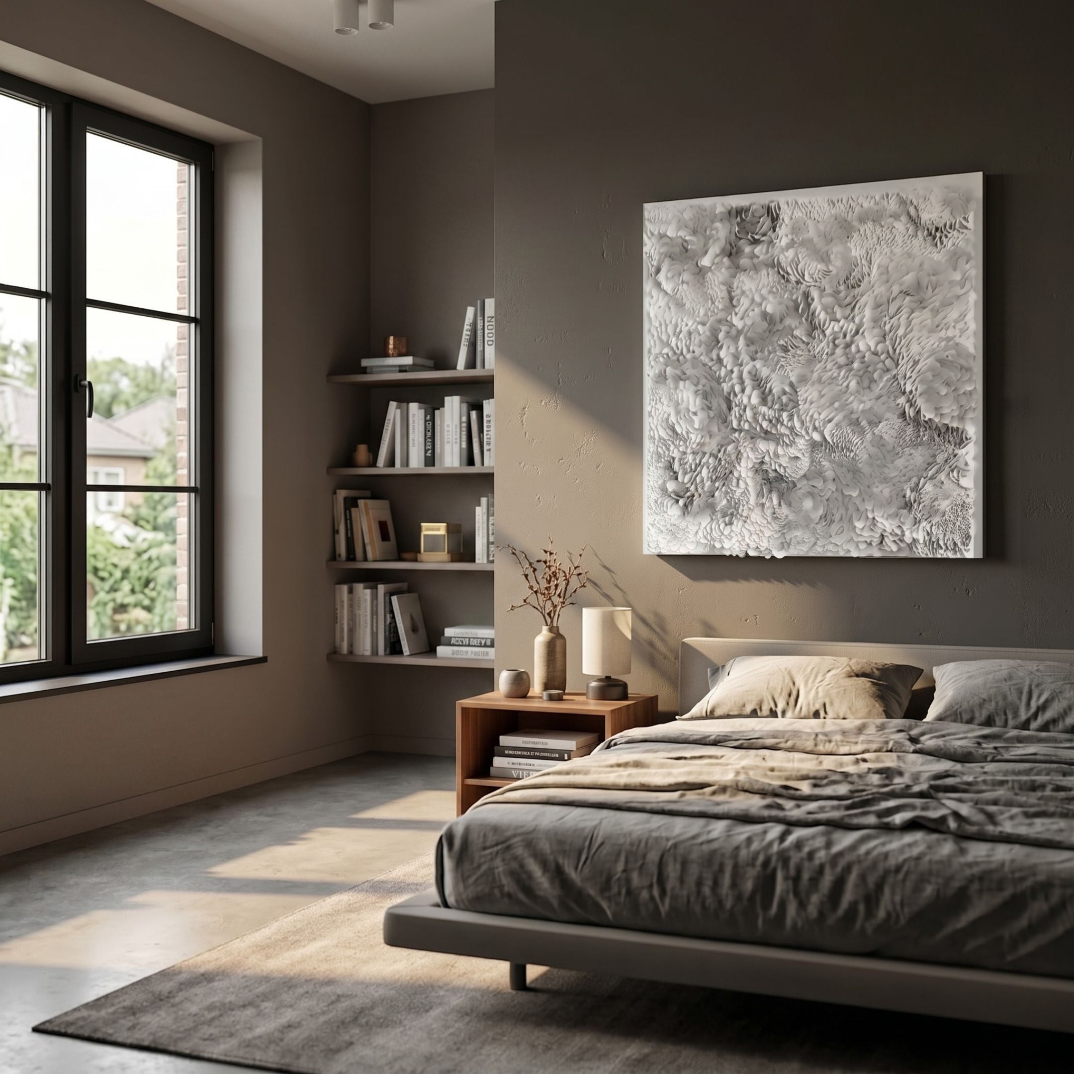 Auralith White Layered Leather & Acrylic 3D Wall Art by Giant Sculptures displayed on a taupe bedroom wall above a wooden nightstand beside a linen-dressed bed.