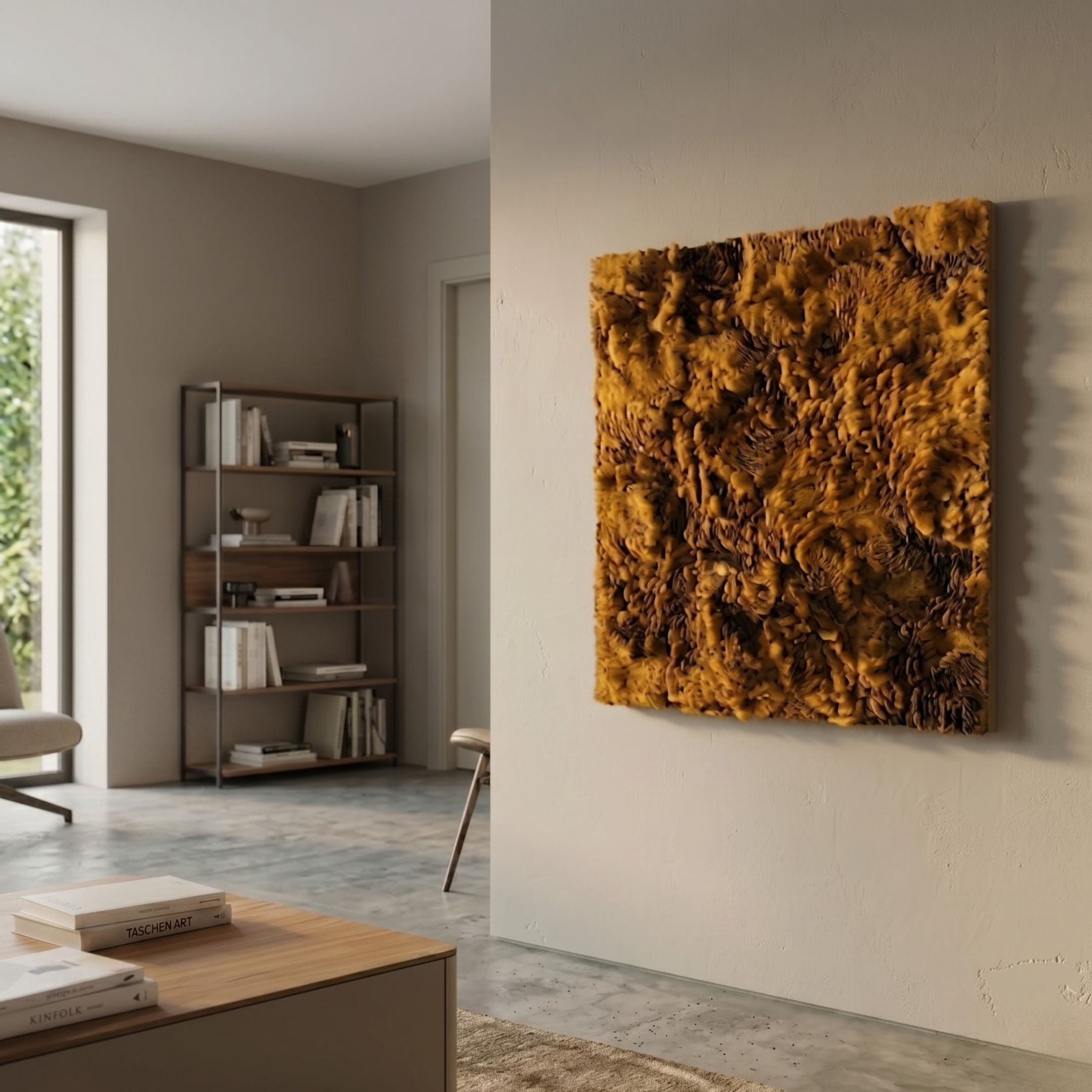 Auralith Ochre Layered Leather & Acrylic 3D Wall Art by Giant Sculptures displayed on a cream wall in a modern living room with shelving and books.