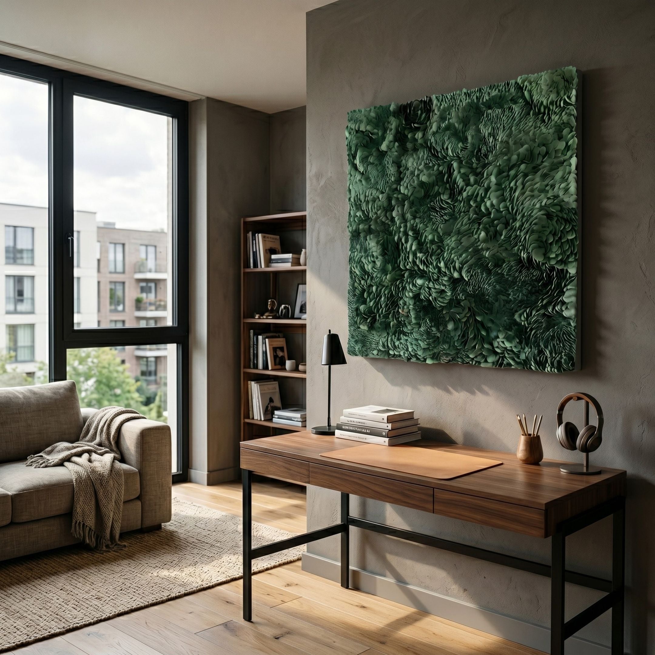 Auralith Deep Green Layered Leather 3D Wall Art by Giant Sculptures mounted above a walnut desk in a modern home office with a grey sofa and window.