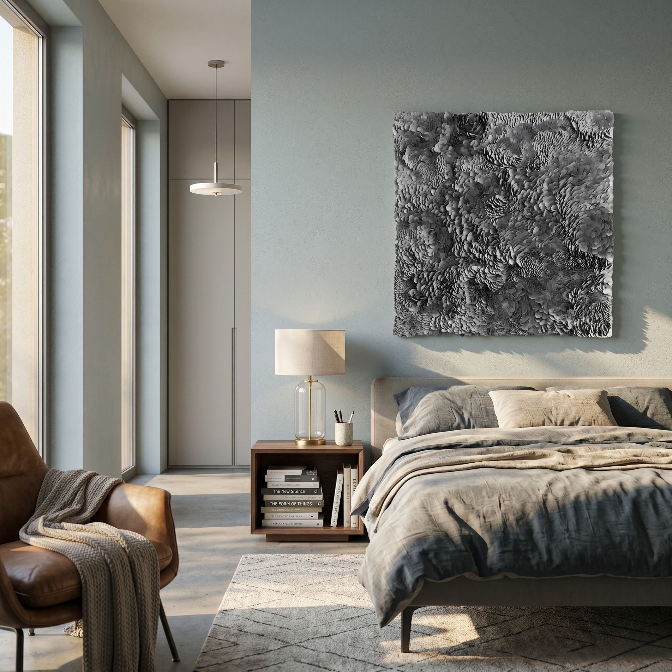 Auralith Grey Layered Leather 3D Wall Art by Giant Sculptures displayed above a wooden nightstand in a modern bedroom with linen bedding and a leather armchair.