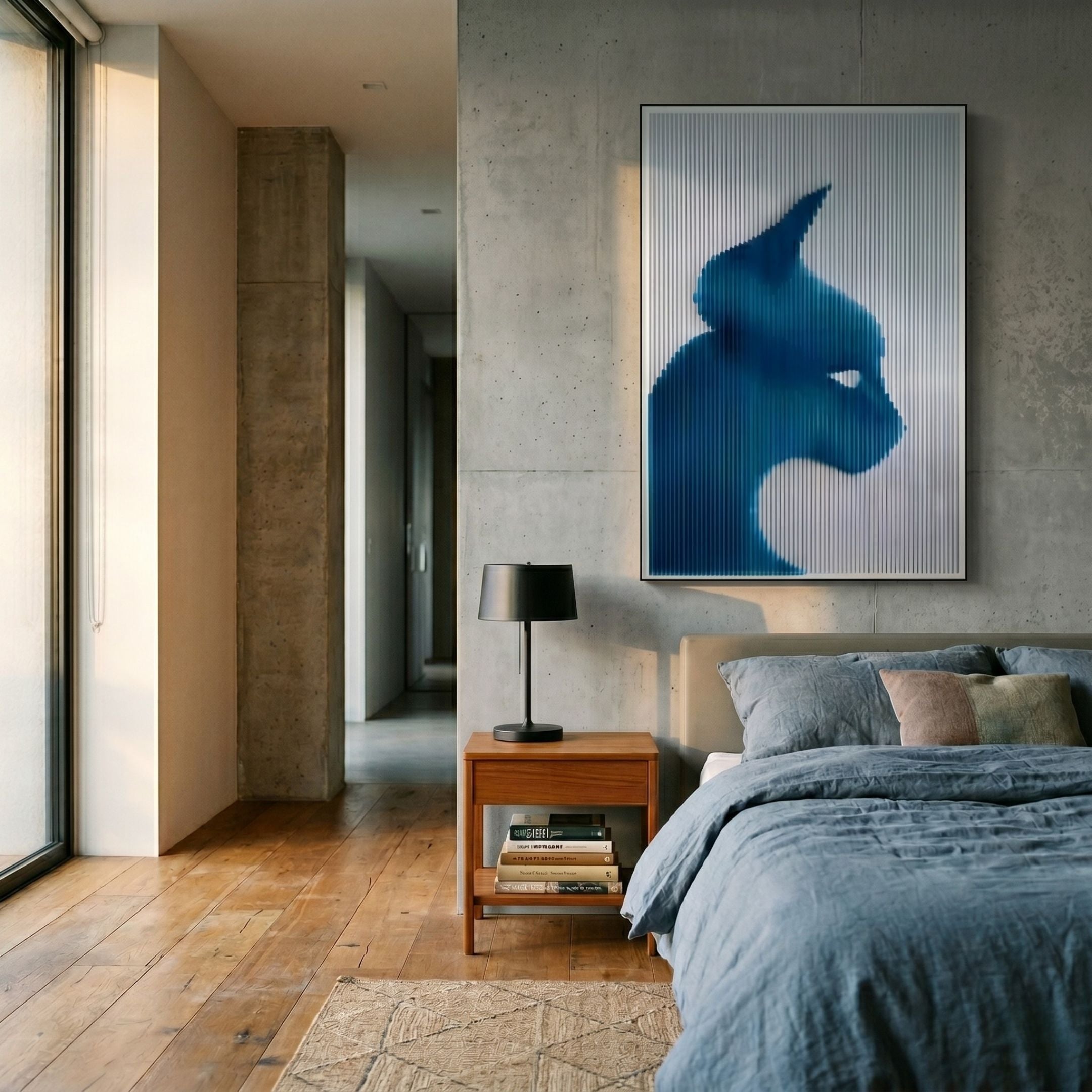 Panthra Cobalt Blue Acrylic Stripe 3D Wall Art by Giant Sculptures displayed above a wooden nightstand in a modern concrete-walled bedroom with blue linen bedding.