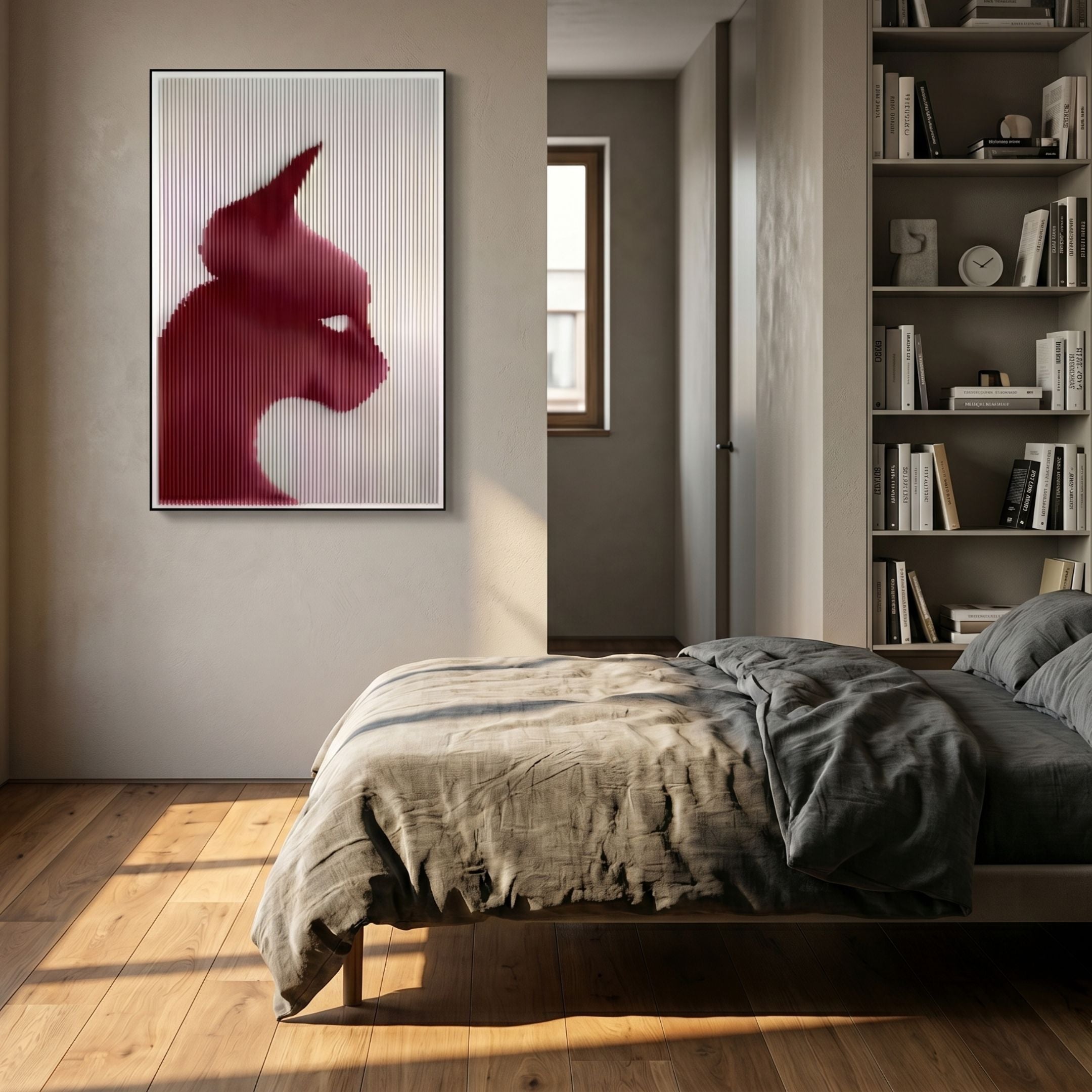 Panthra Crimson Red Acrylic Stripe 3D Wall Art by Giant Sculptures displaying a panther silhouette through vertical ribs, mounted in a bedroom above a linen-dressed bed.