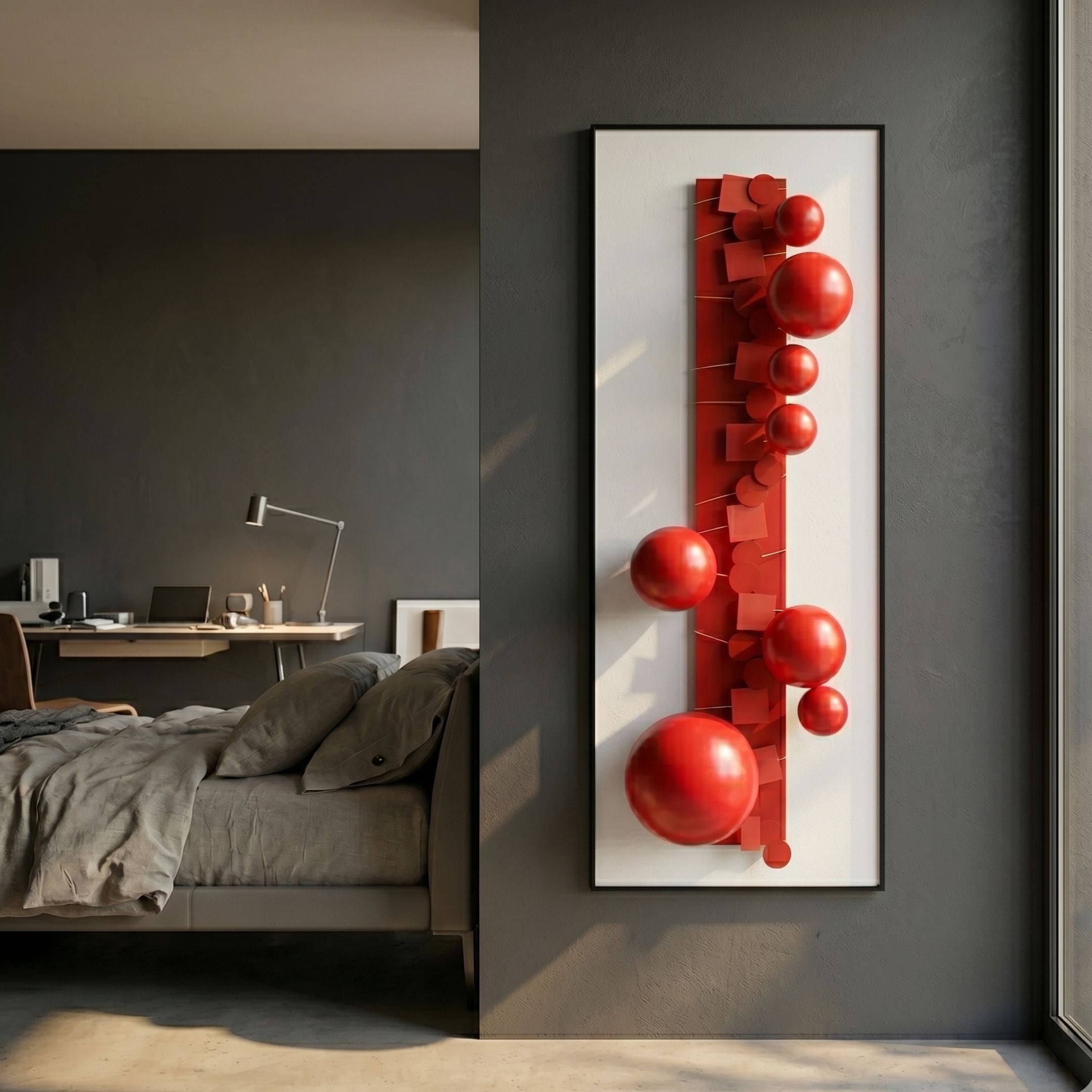 Orbevo White & Red Sphere Vertical 3D Acrylic Wall Art by Giant Sculptures mounted on a dark grey bedroom wall beside a bed and desk with task lamp.