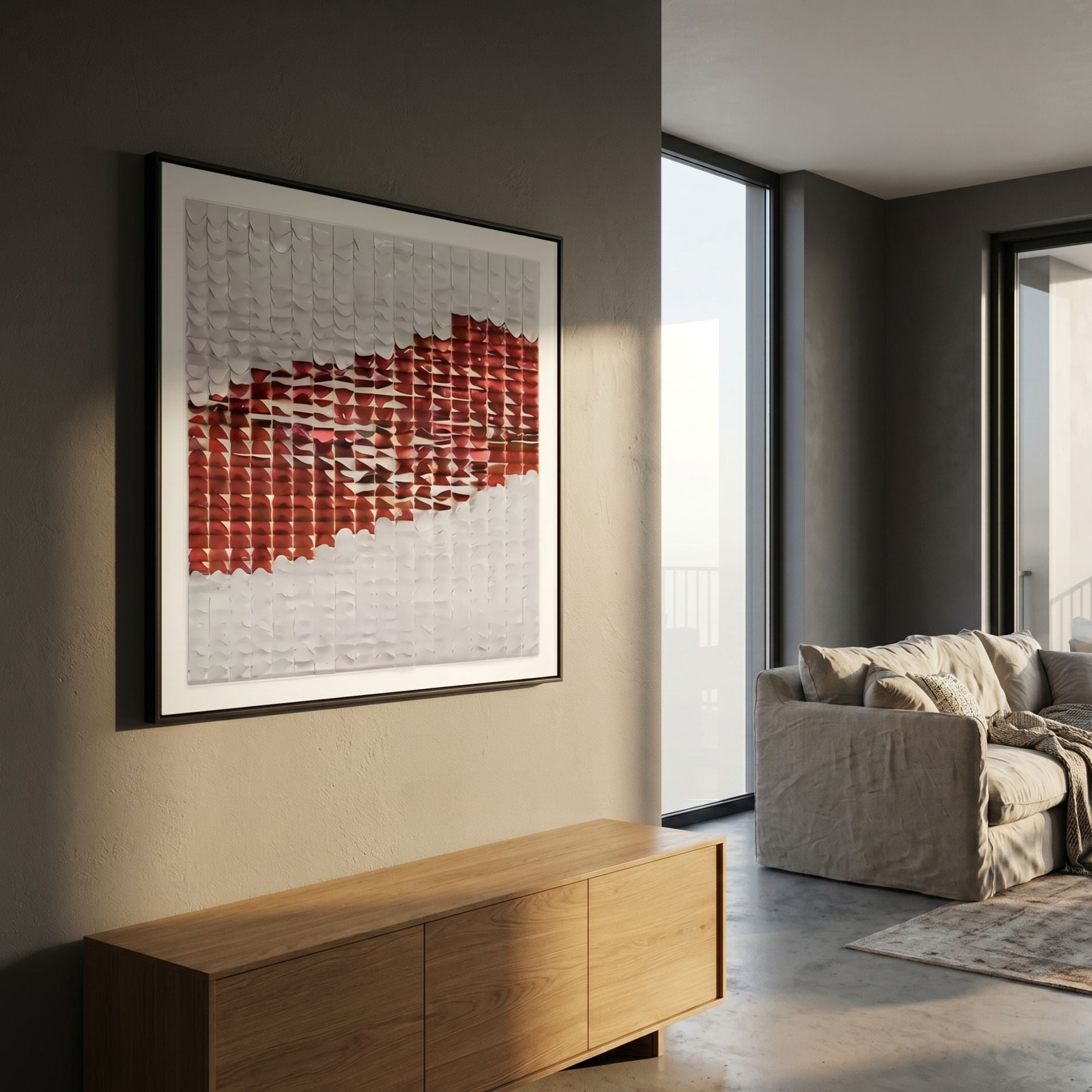 Fractura Crimson Red Square 3D Acrylic Wall Art by Giant Sculptures displayed above a wooden sideboard in a modern living room with a linen sofa.