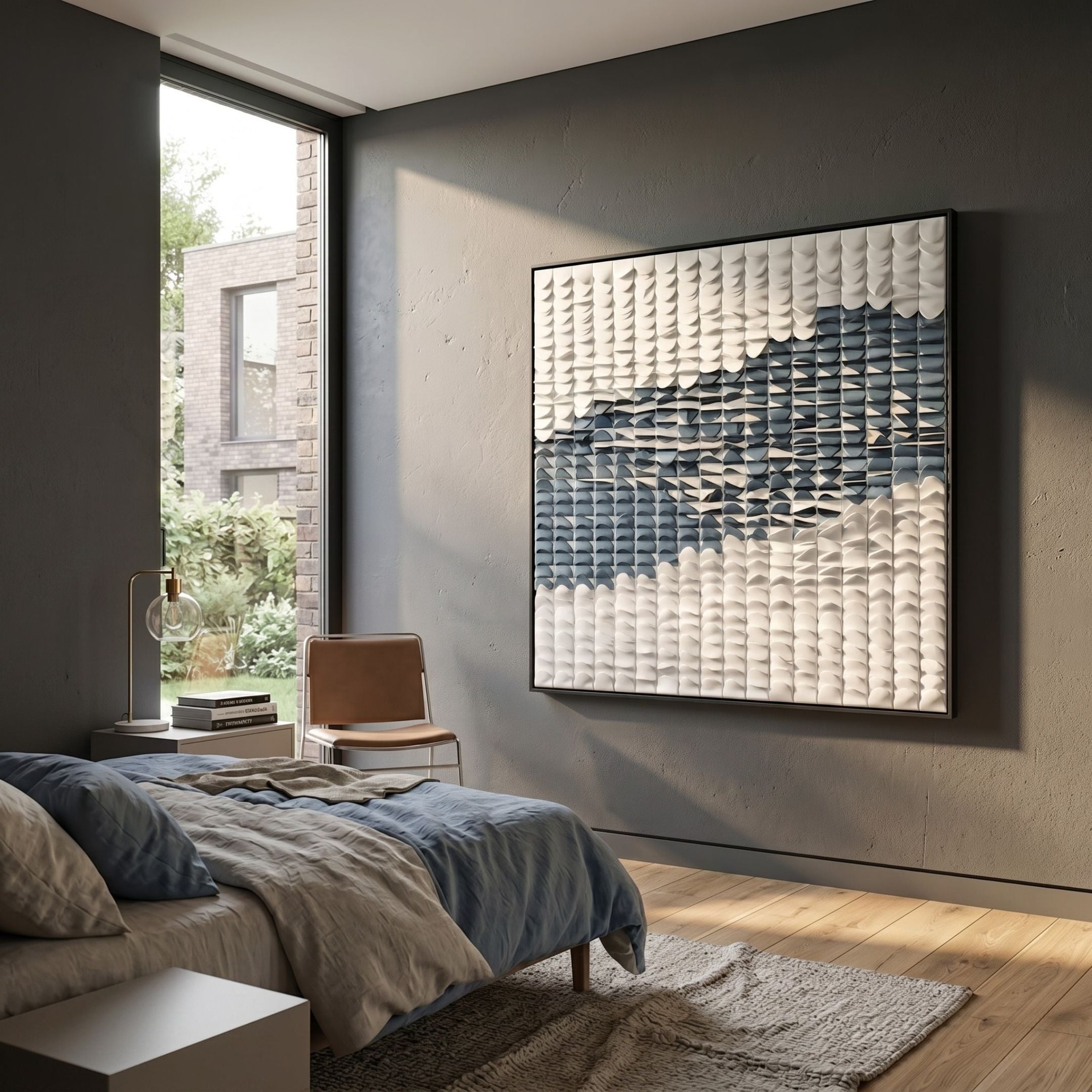 Fractura Deep Indigo Square 3D Acrylic Wall Art by Giant Sculptures mounted on a dark grey bedroom wall above a blue-linen bed, beside a window and leather chair.