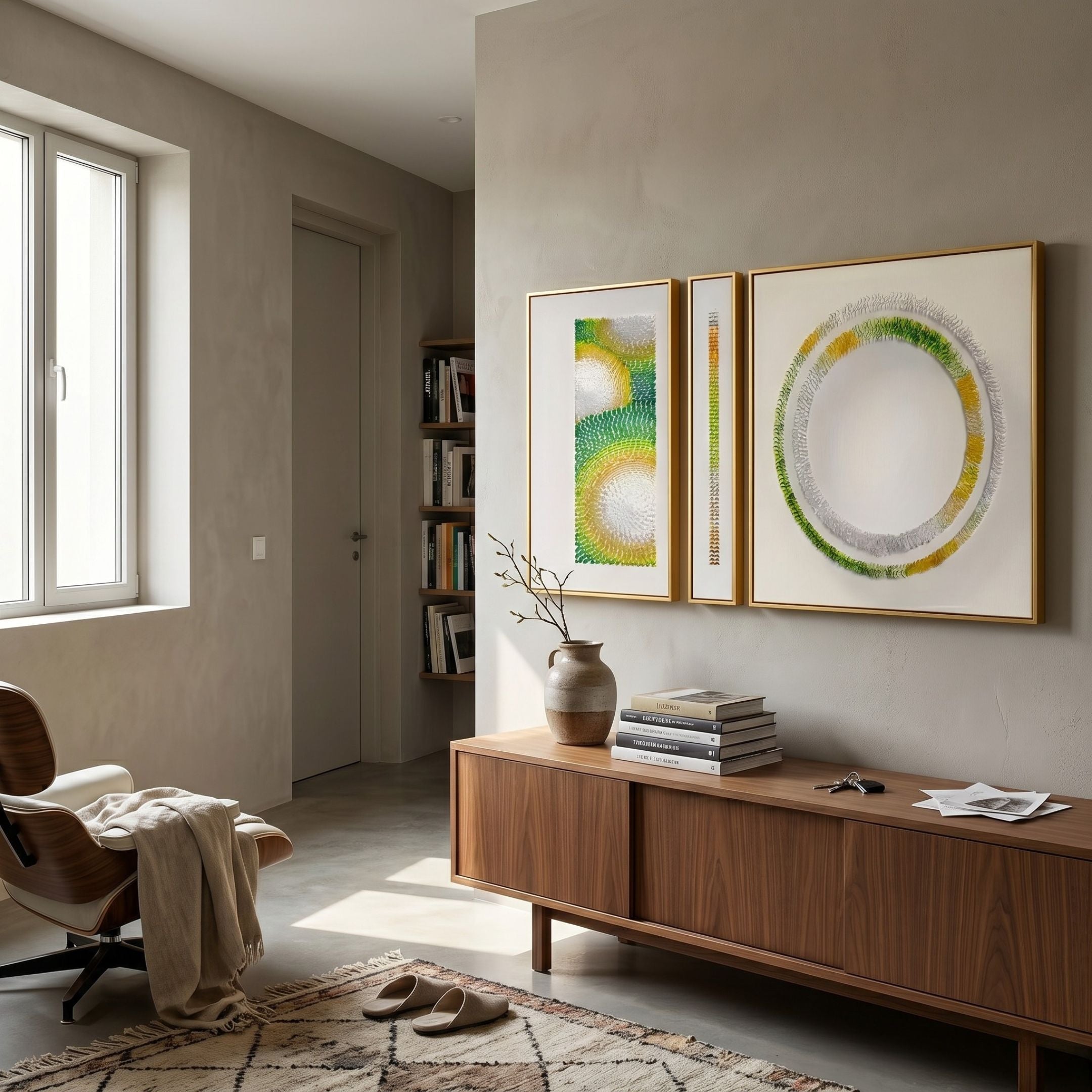 Virelium 3-Set Verdant Gradient Double Ring II Acrylic 3D Wall Art by Giant Sculptures mounted above a walnut sideboard in a sunlit modern living room.