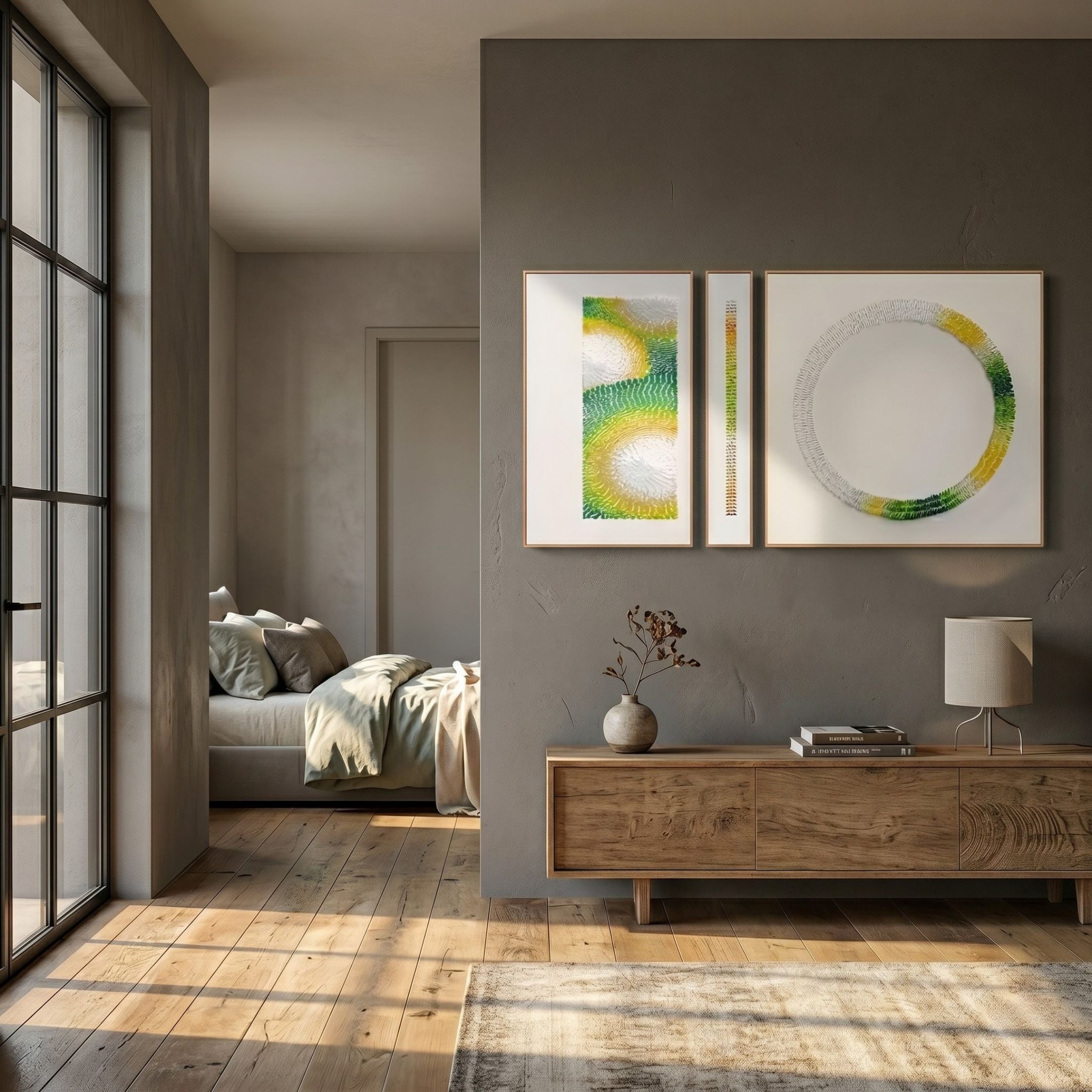 Virelium 3-Set Verdant Gradient Single Ring II Acrylic 3D Wall Art by Giant Sculptures displayed on a grey bedroom wall above a wooden sideboard.