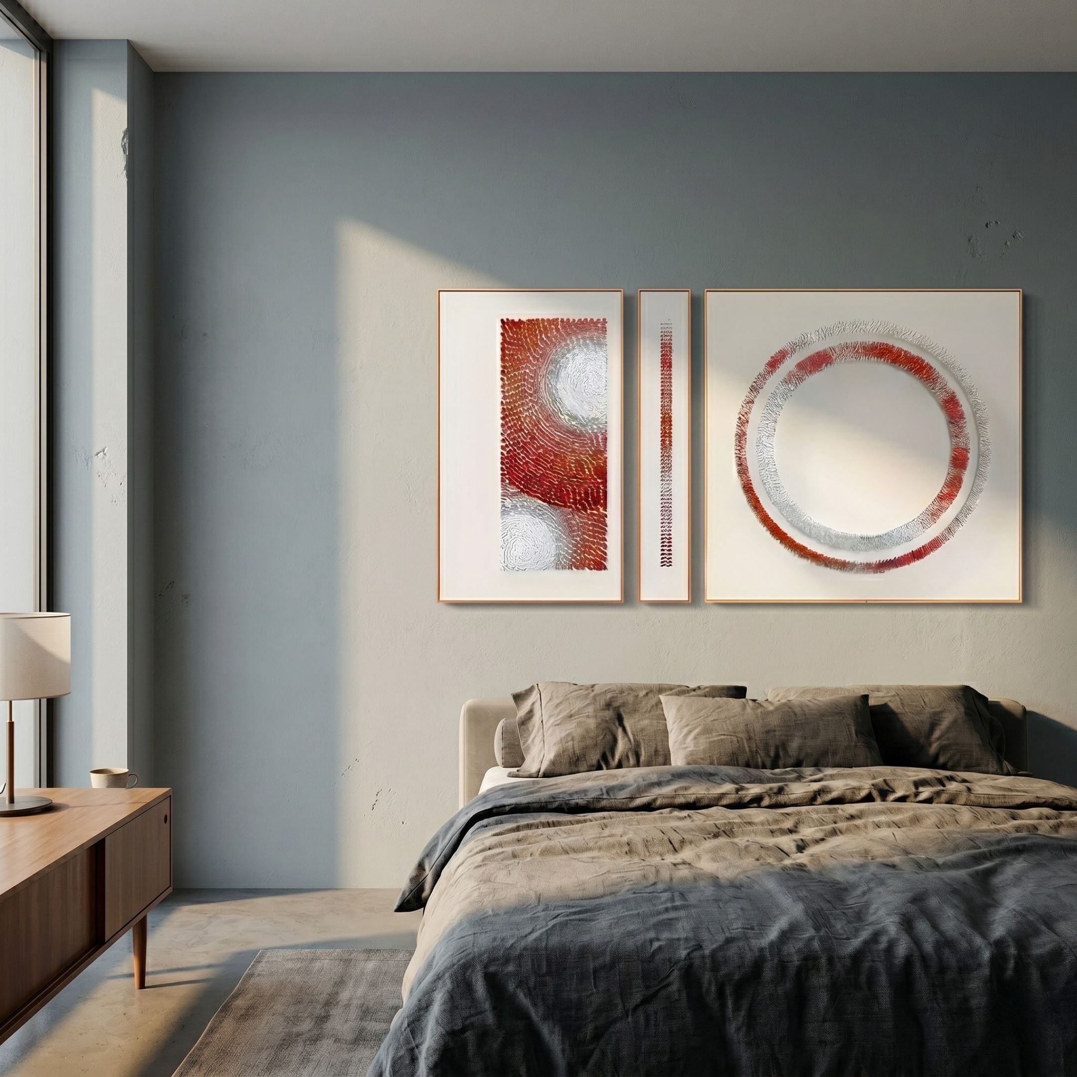 Virelium 3-Set Flame Gradient Double Ring I Acrylic 3D Wall Art by Giant Sculptures with red, orange, and brushed silver panels above a bed in a grey bedroom.