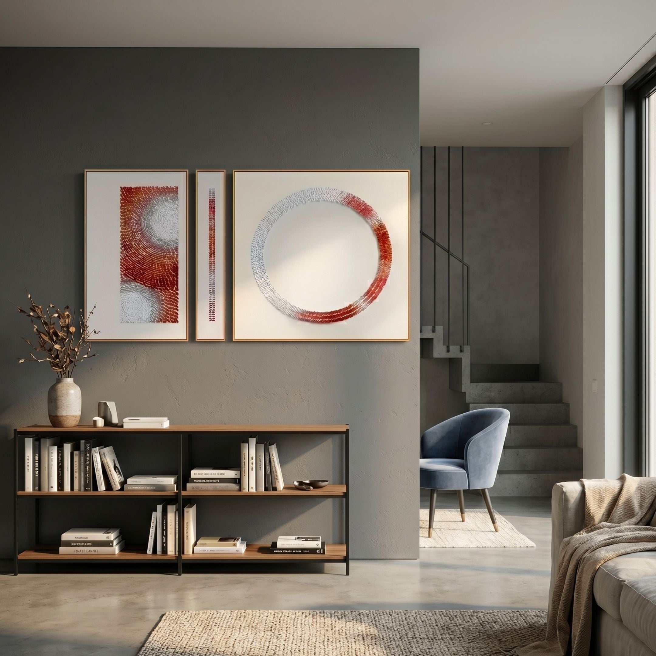 Virelium 3-Set Flame Gradient Single Ring Acrylic 3D Wall Art by Giant Sculptures displayed above a wooden console in a modern grey living room near a staircase.