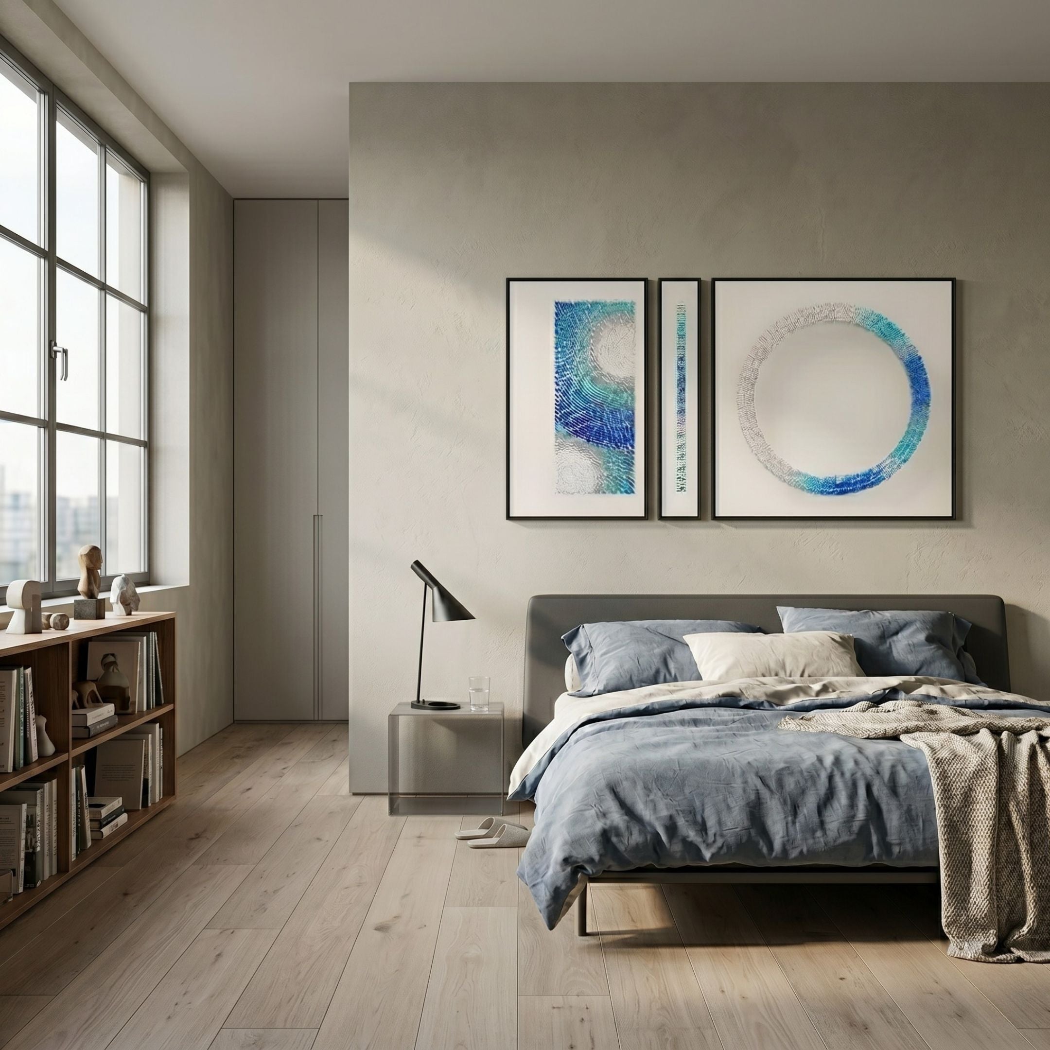 Virelium 3-Set Azure Gradient Single Ring I Acrylic 3D Wall Art by Giant Sculptures displayed above a grey bed with blue linens in a modern bedroom.