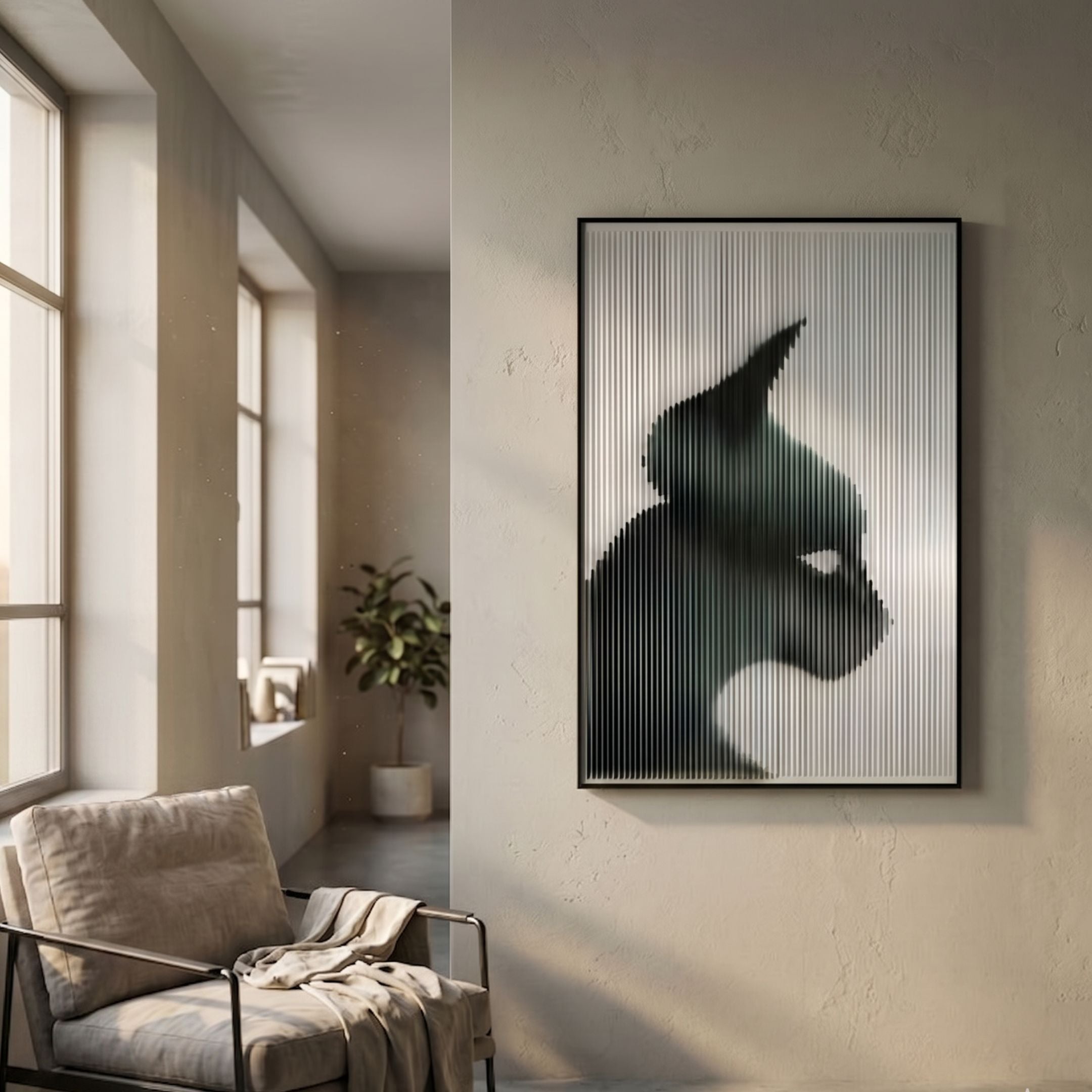 Panthra Shadow Black Acrylic Stripe 3D Wall Art by Giant Sculptures, panther silhouette behind vertical ridges, mounted in a sunlit room above a linen armchair.
