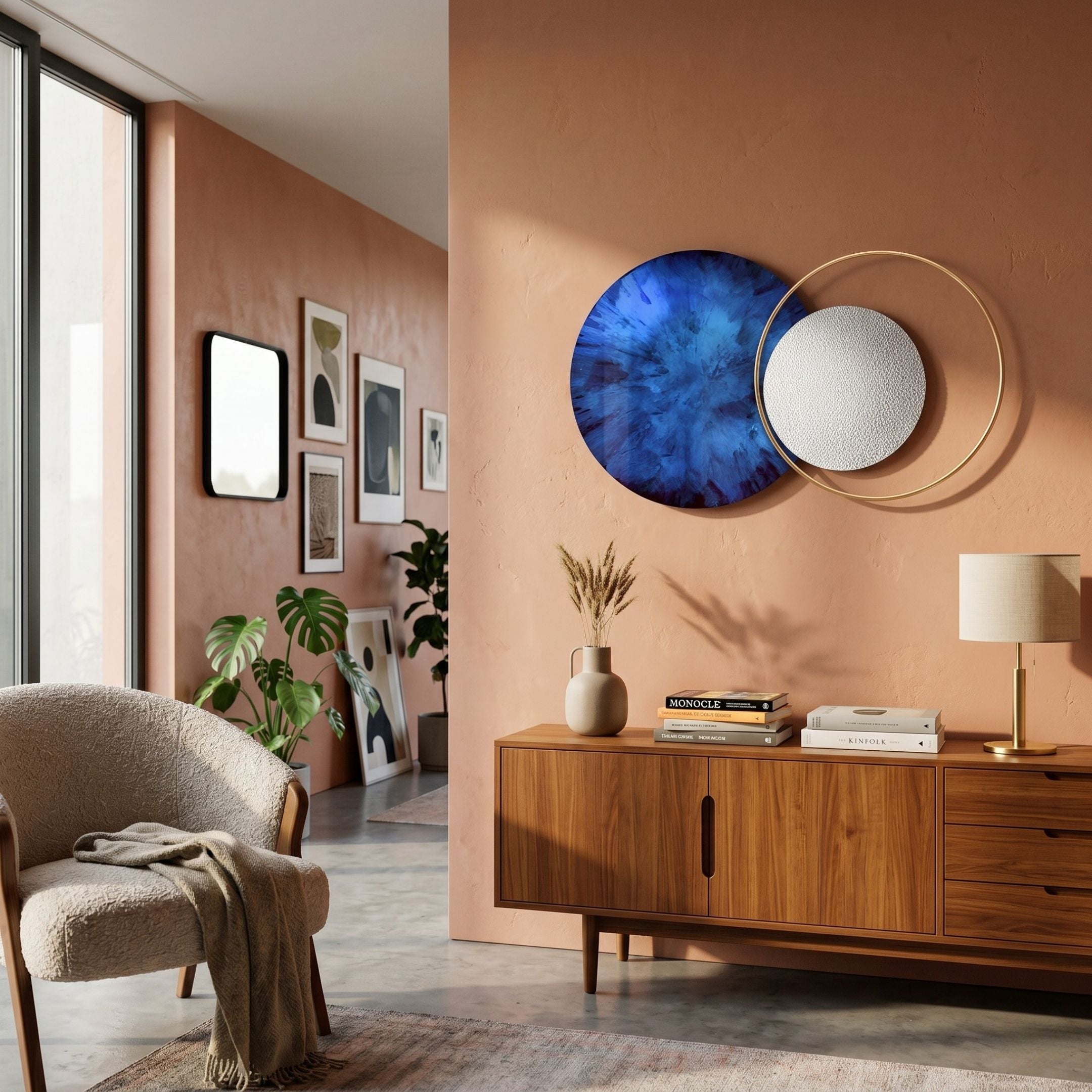 Auricara Cobalt Blue White Disc & Metal Ring 3D Wall Art by Giant Sculptures displayed on a terracotta wall above a walnut sideboard in a modern living room.