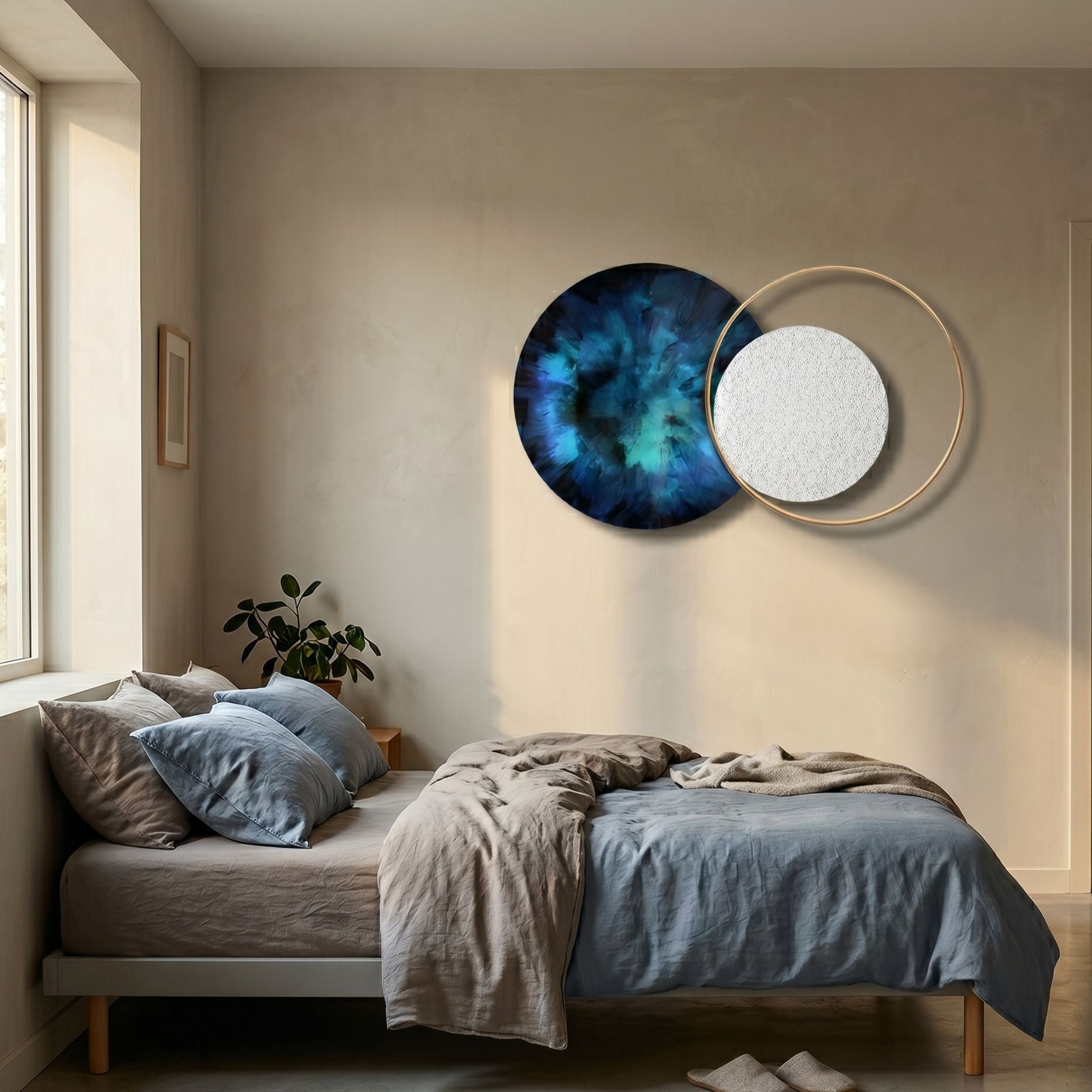 Auricara Sapphire White Disc & Metal Ring 3D Wall Art by Giant Sculptures, mounted above a bed with grey linen and blue pillows in a modern bedroom.