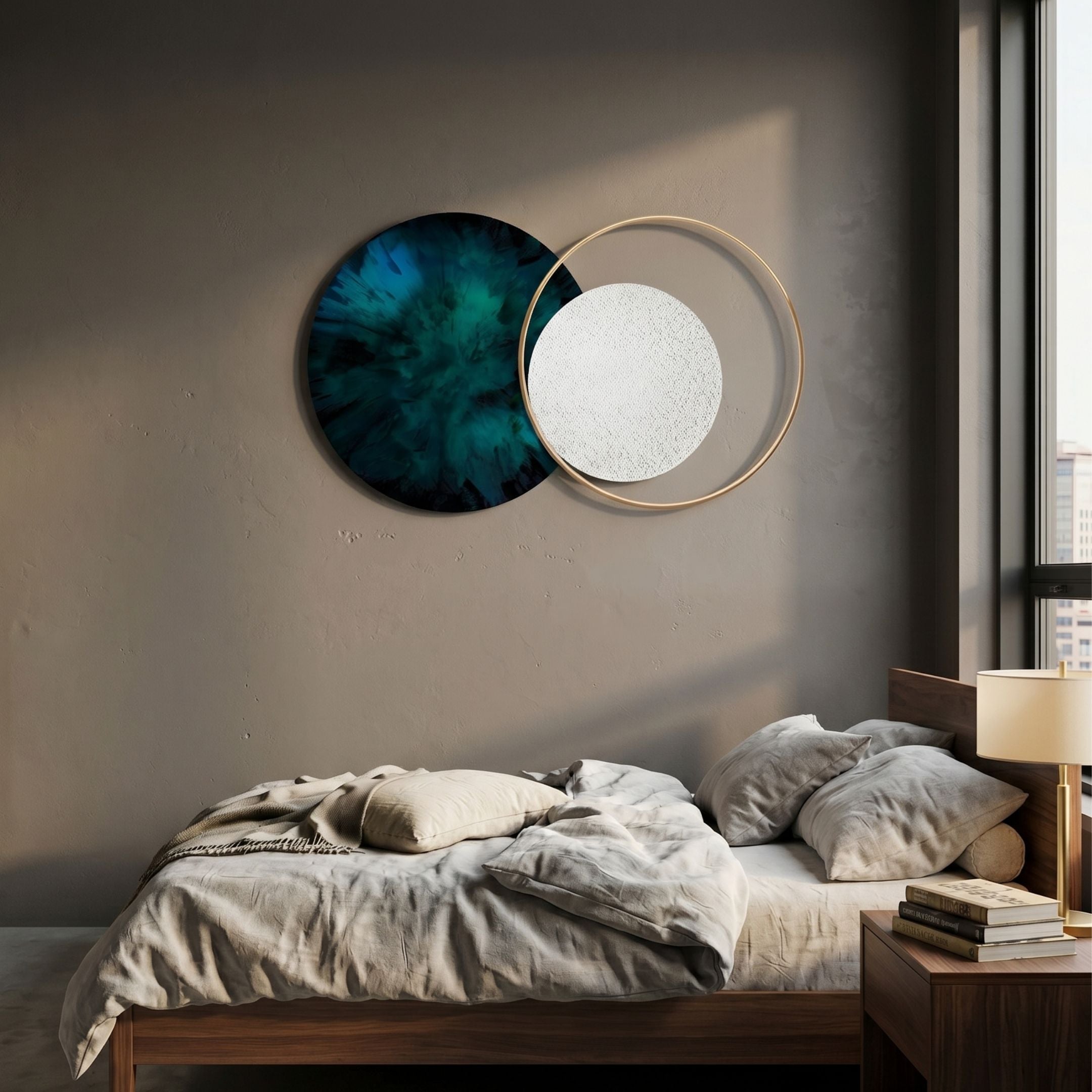 Auricara Emerald White Disc & Metal Ring 3D Wall Art by Giant Sculptures mounted above a linen-dressed bed beside a window in a modern bedroom.
