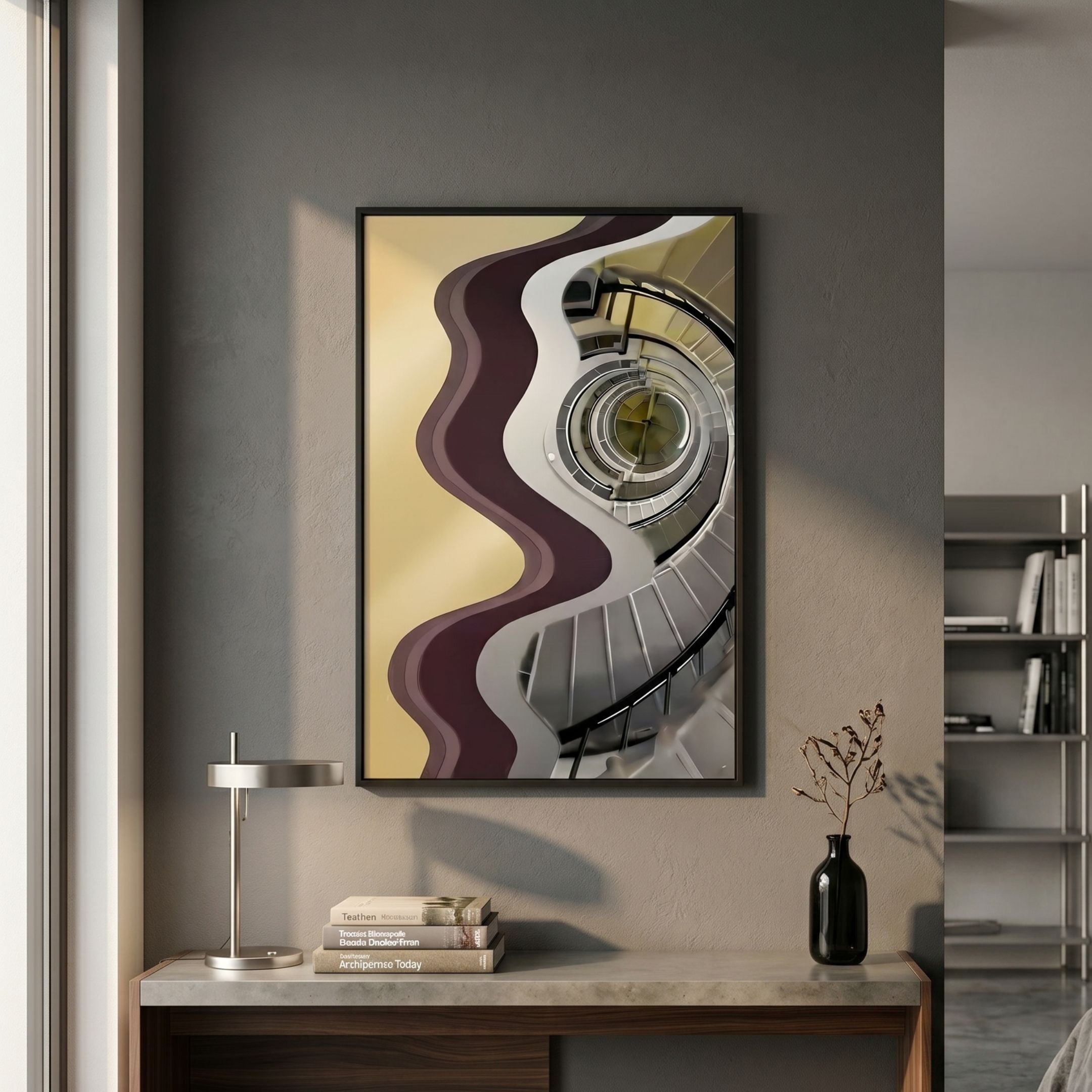 Veridra Spiral Stair IV Acrylic & Metal 3D Wall Art by Giant Sculptures displayed above a console with a lamp and vase in a grey modern hallway.