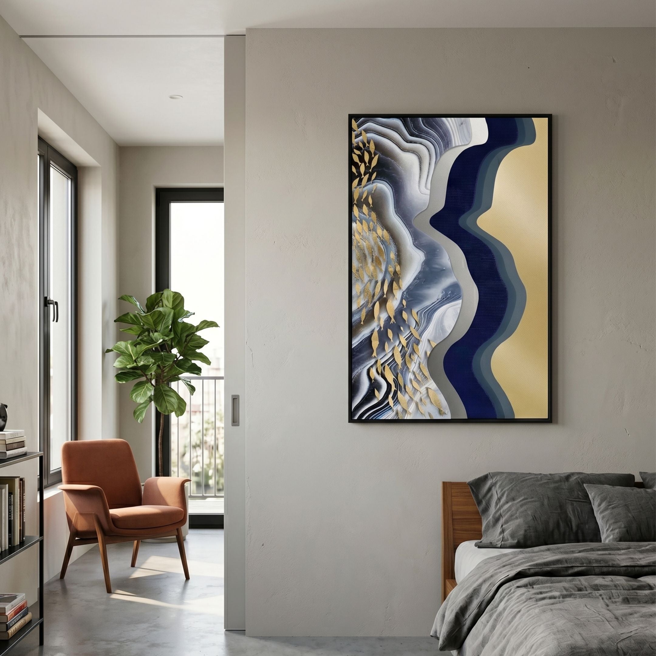 Veridra Golden Flight Acrylic & Metal 3D Wall Art by Giant Sculptures, with gold birds, navy and beige waves, displayed in a bedroom beside a rust armchair.