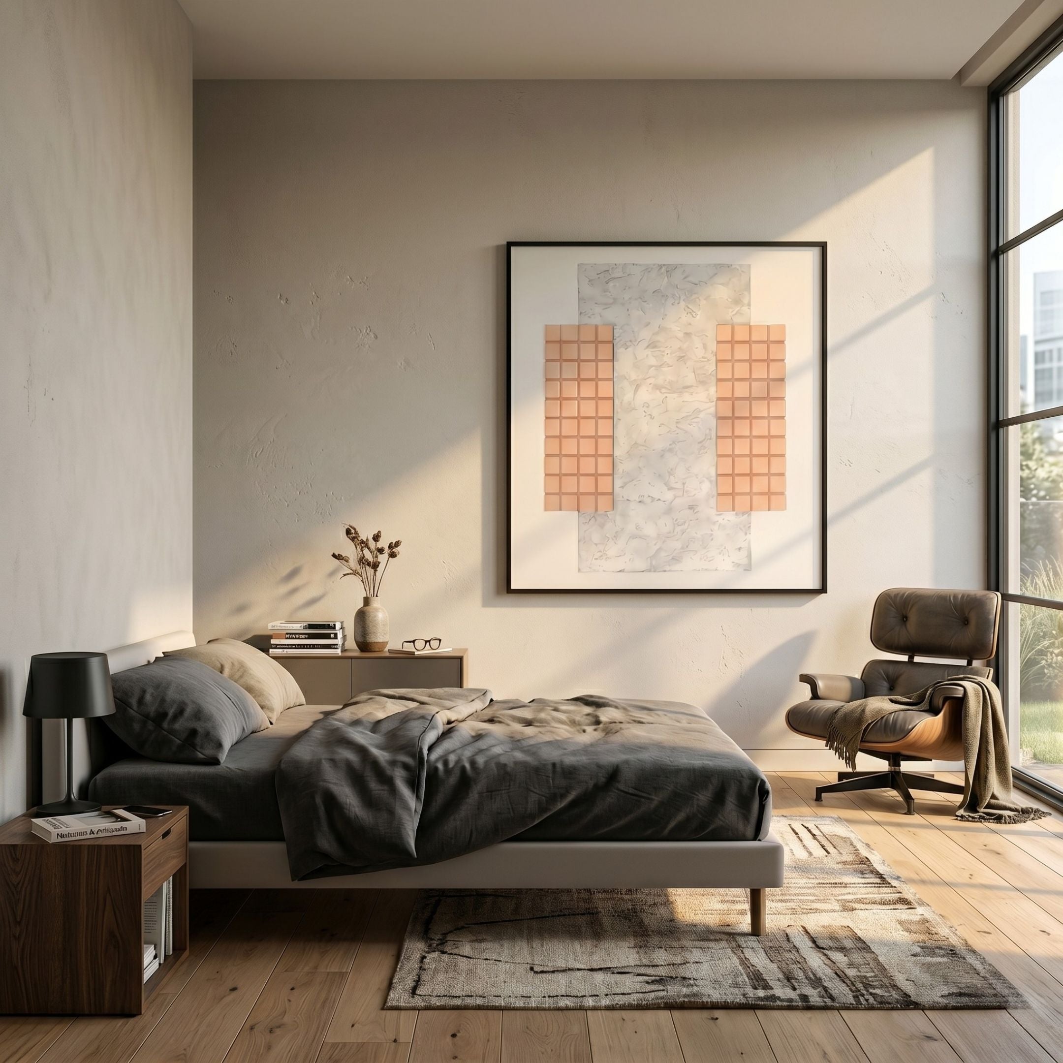 Terracube VIII Hand-Painted Framed Acrylic 3D Wall Art by Giant Sculptures with terracotta cube panels on a marbled background, displayed above a bed in a modern bedroom.