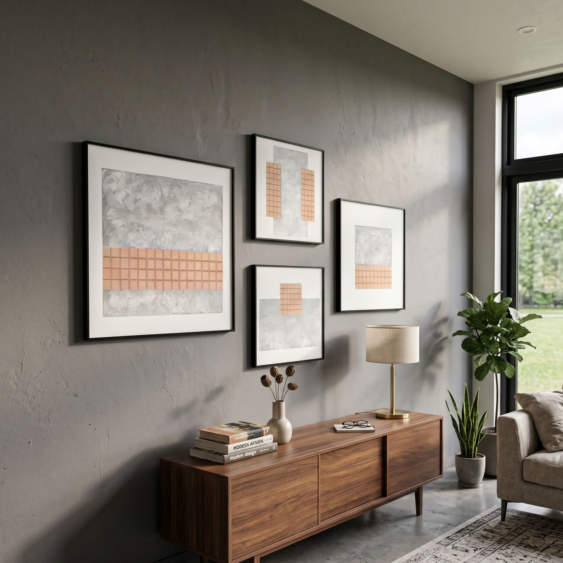 Terracube 4-Set Hand-Painted Framed Acrylic 3D Wall Art by Giant Sculptures arranged on a grey wall above a walnut sideboard with lamp and plants.
