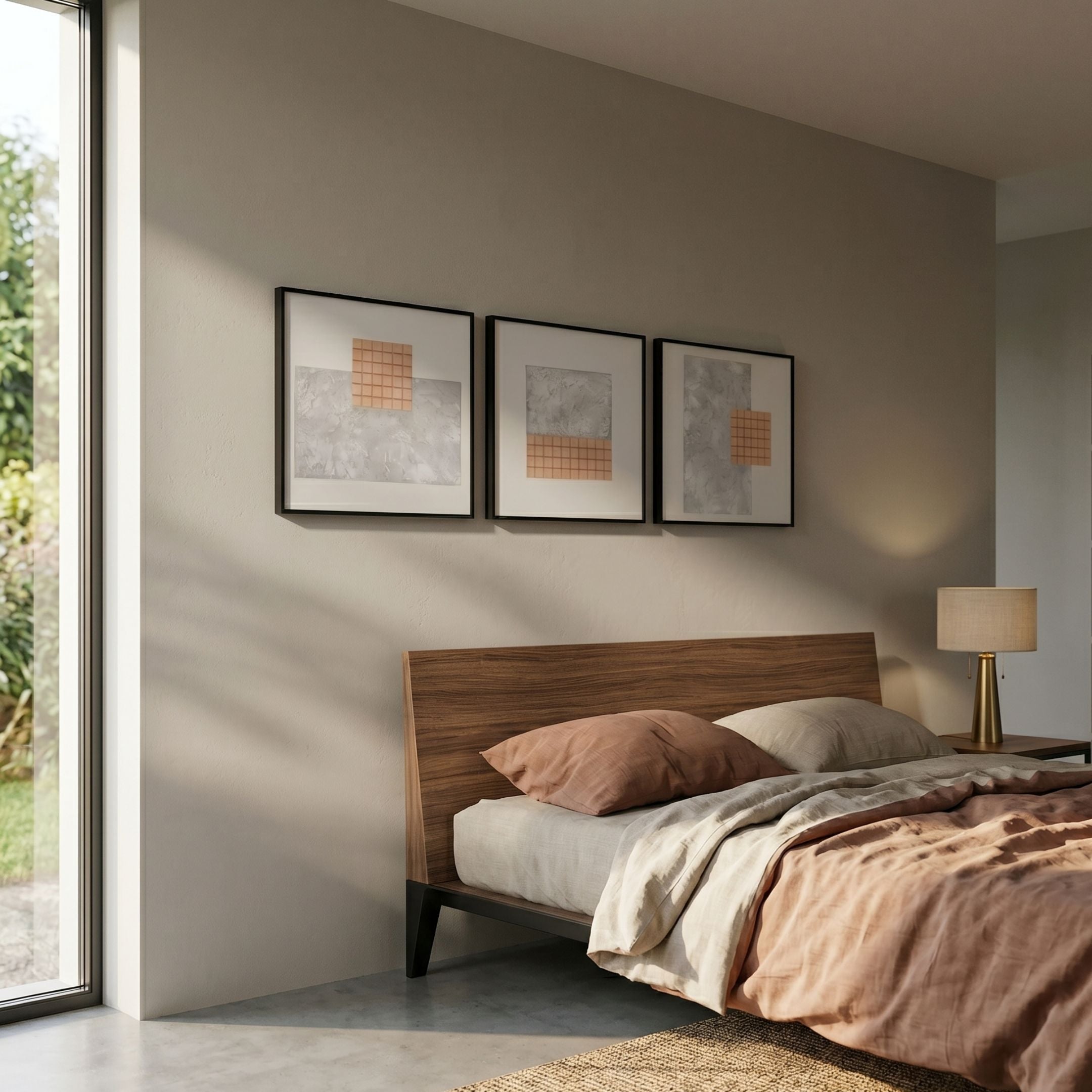 Terracube 3-Set Hand-Painted Framed Acrylic 3D Wall Art by Giant Sculptures displayed above a walnut bed with linen pillows in a sunlit modern bedroom.