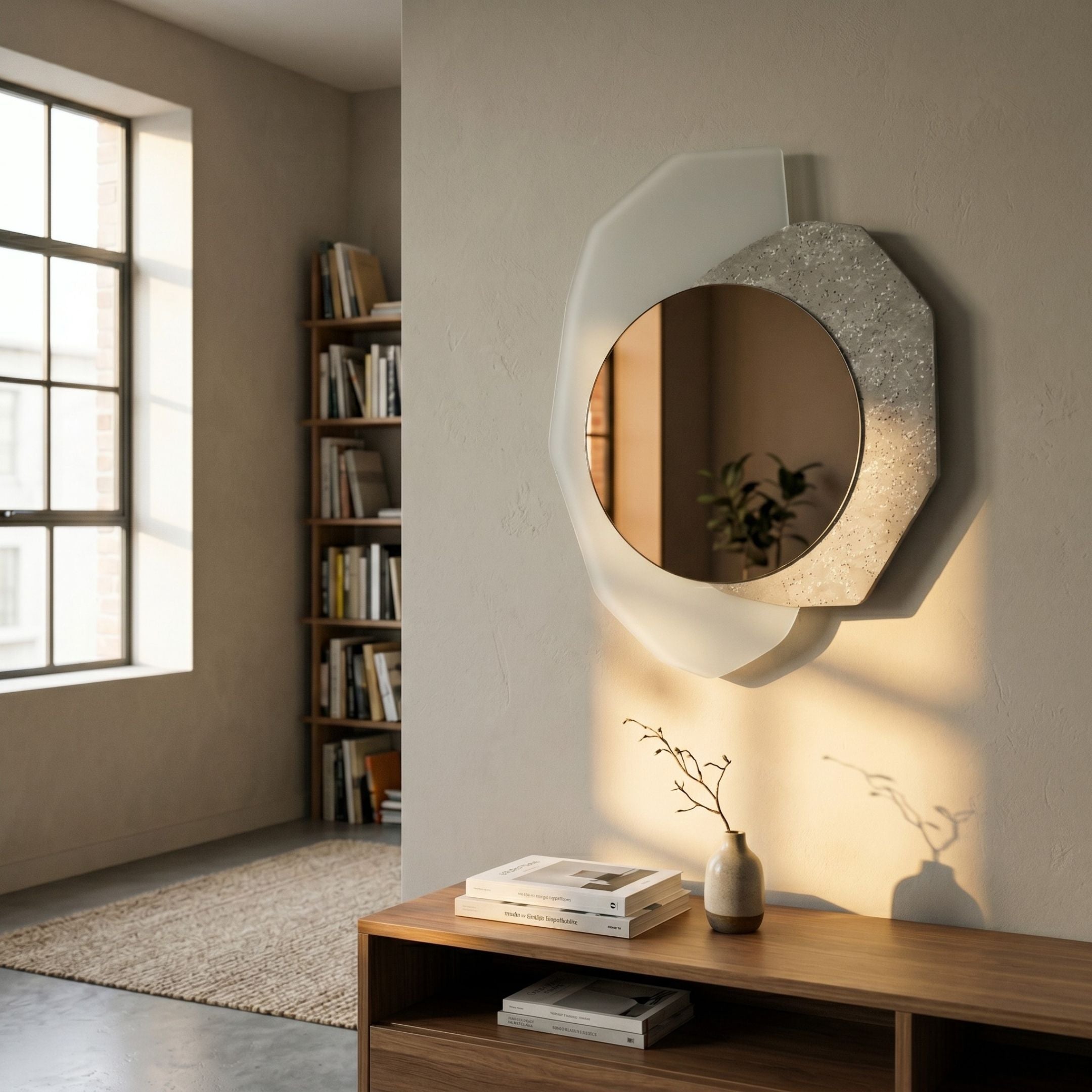 Ravira Mocha & Ice Textured Acrylic Mirror 3D Wall Art by Giant Sculptures mounted above a walnut console with vase, beside a sunlit window and bookshelf.
