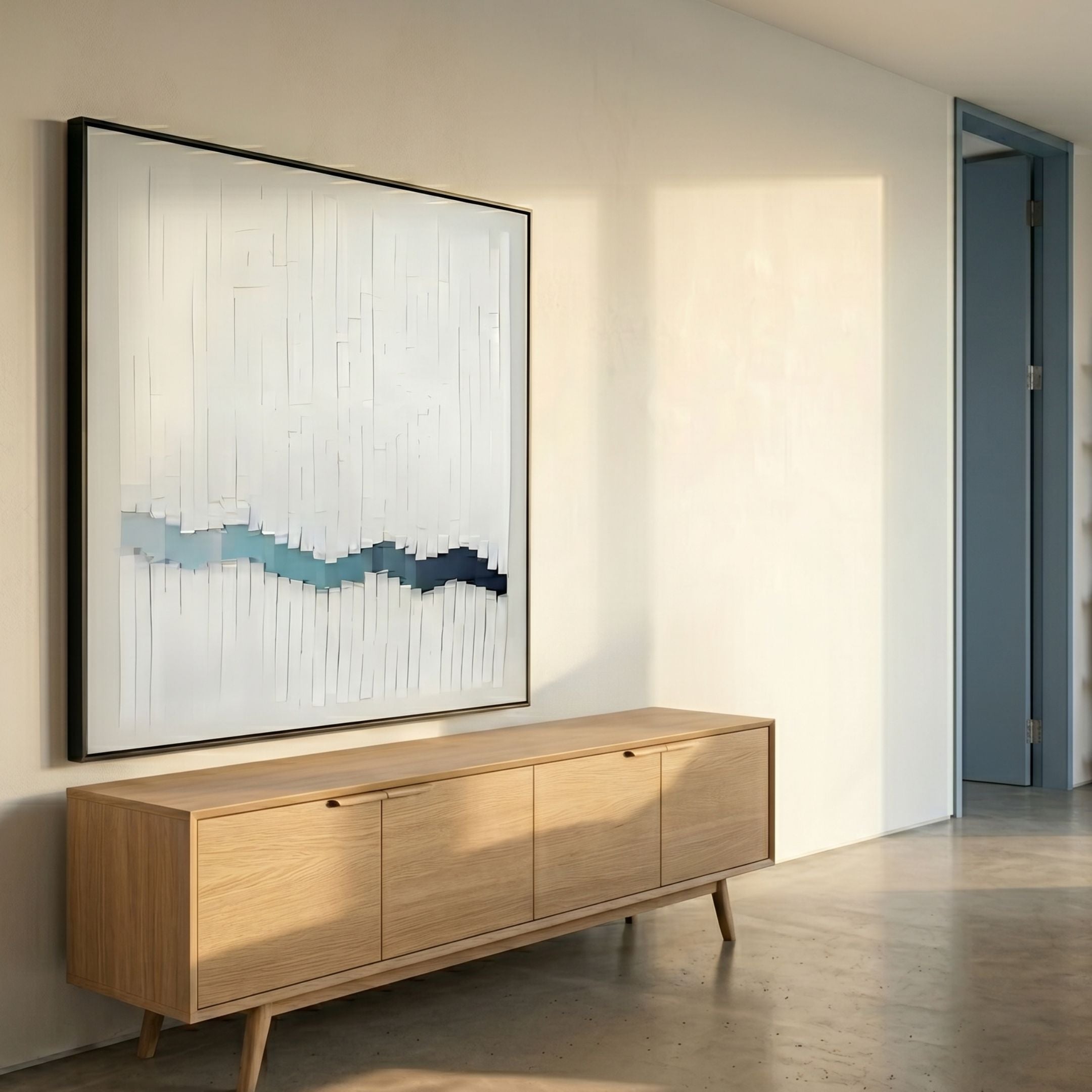 Tressala Aqua Fade Layered Acrylic Square 3D Wall Art with white vertical strips and blue gradient band, displayed above an oak sideboard in a sunlit hallway.