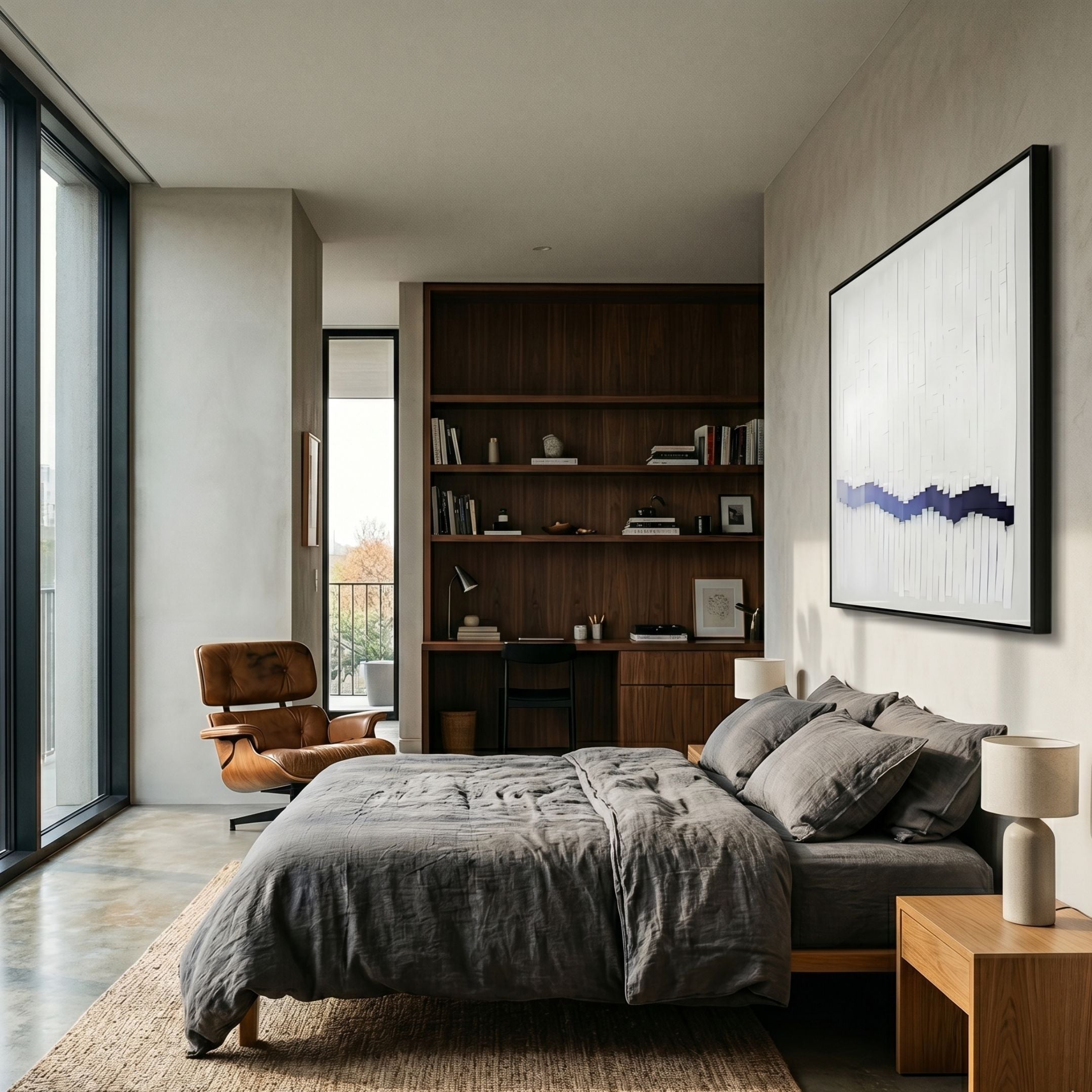 Tressala Indigo Wave Layered Acrylic Square 3D Wall Art by Giant Sculptures mounted above a grey linen bed in a modern bedroom with leather lounge chair.
