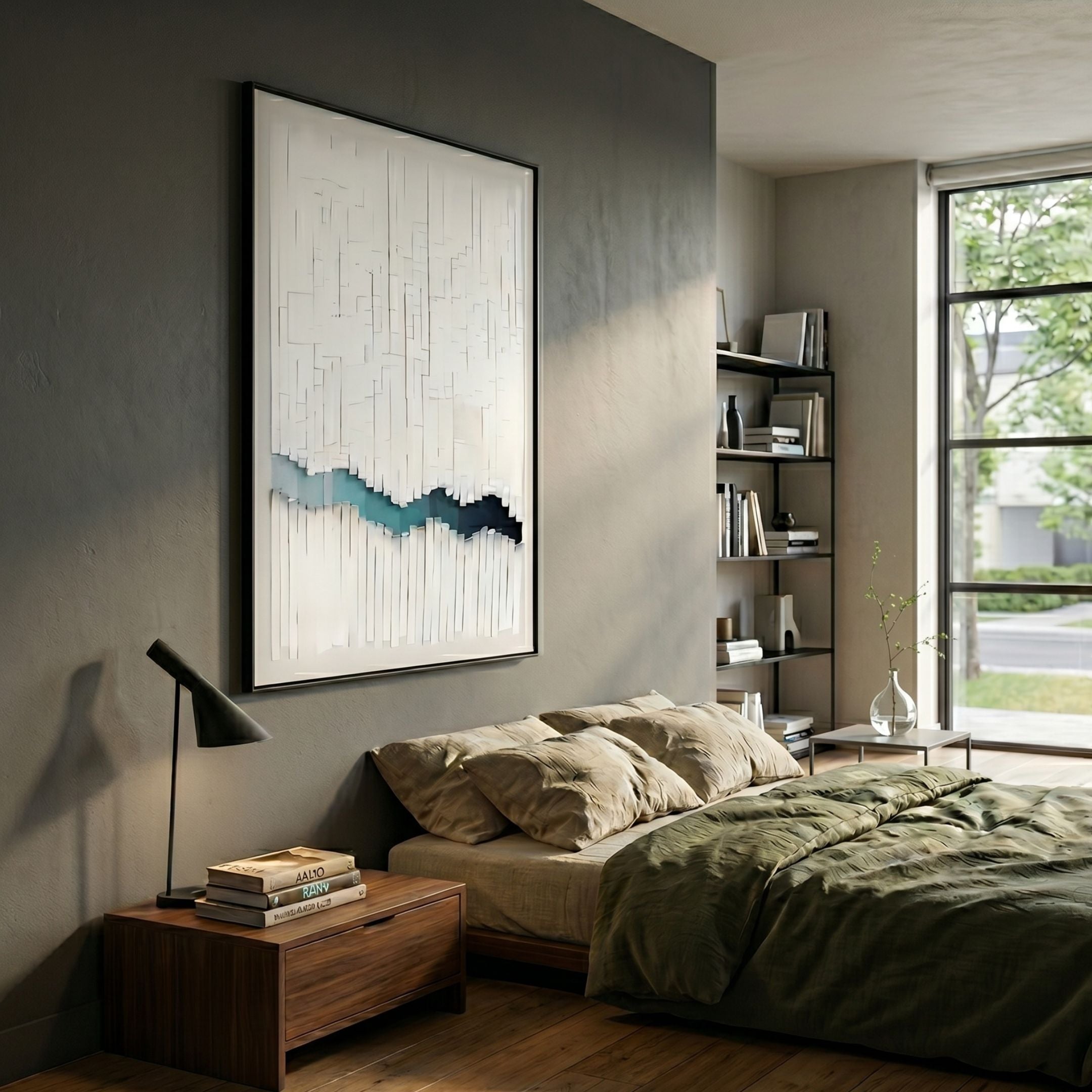 Tressala Aqua Fade Layered Acrylic 3D Wall Art in a black frame, mounted on a grey bedroom wall above a walnut nightstand and olive-green bed.