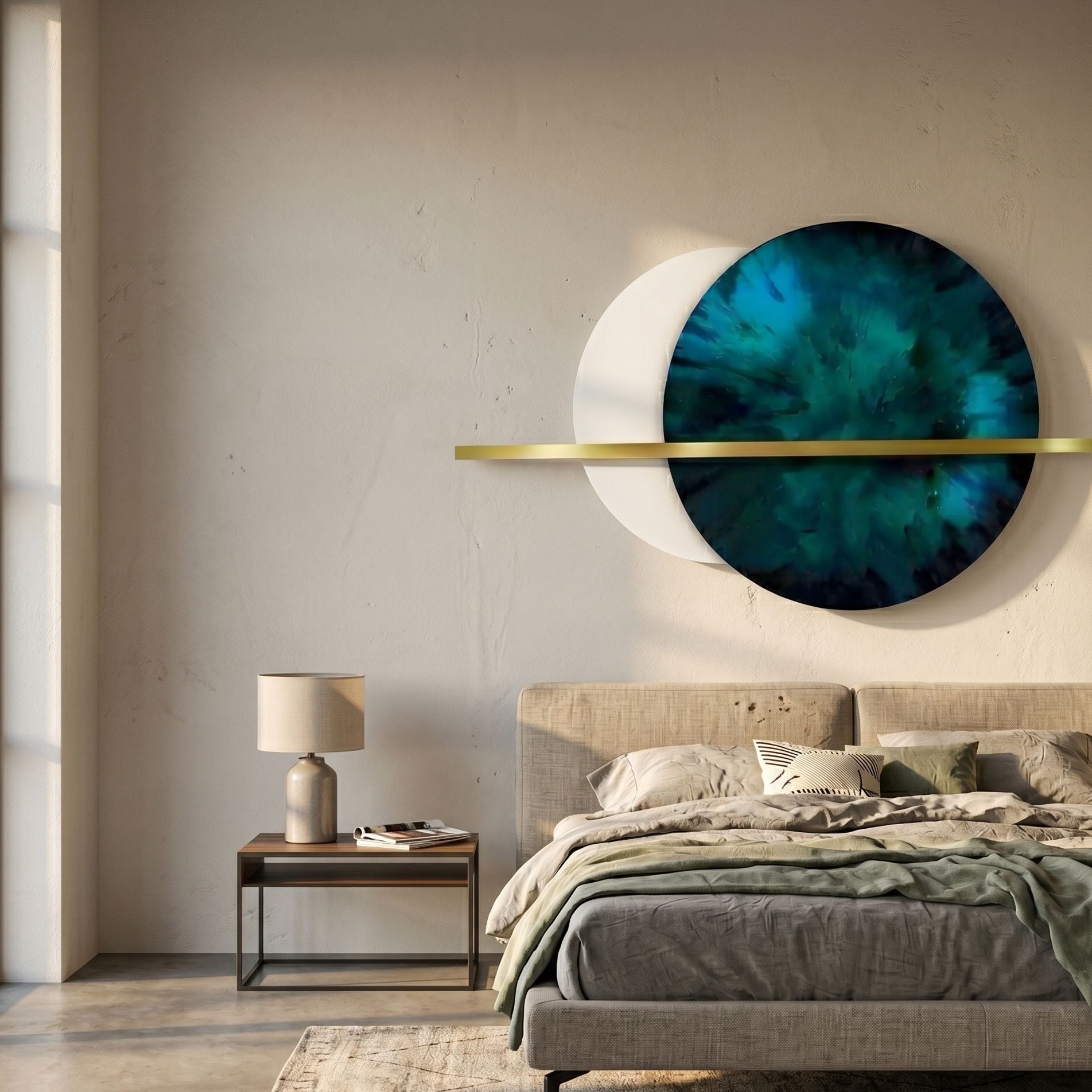 Caldris Emerald I Crystal Porcelain & Gold Strip 3D Wall Art by Giant Sculptures, circular emerald and white panels crossed by a gold bar, above a bedroom bed.