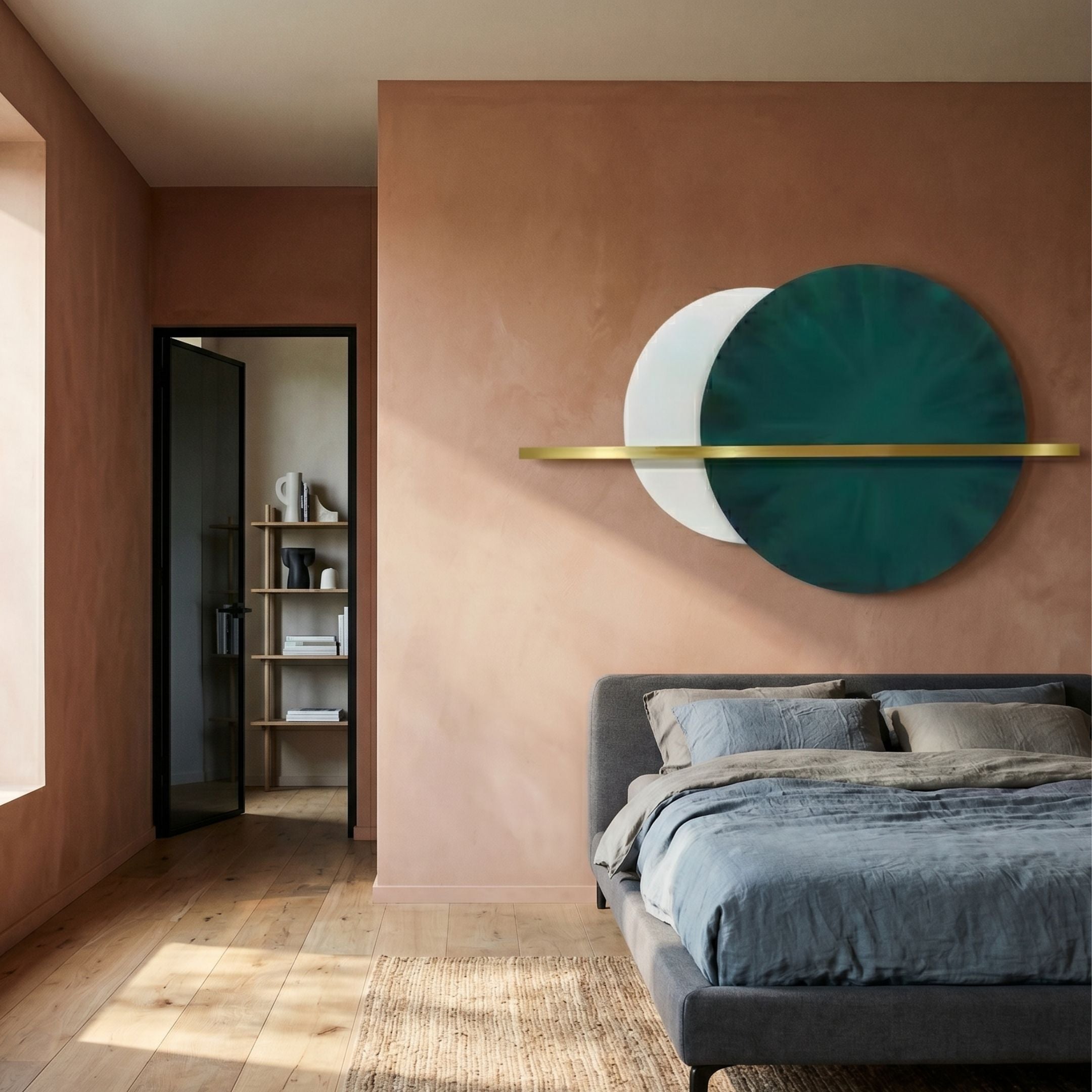 Caldris Deep Teal I Crystal Porcelain & Gold Strip 3D Wall Art mounted above a grey bed in a terracotta bedroom, with a gold strip crossing the teal and white discs.