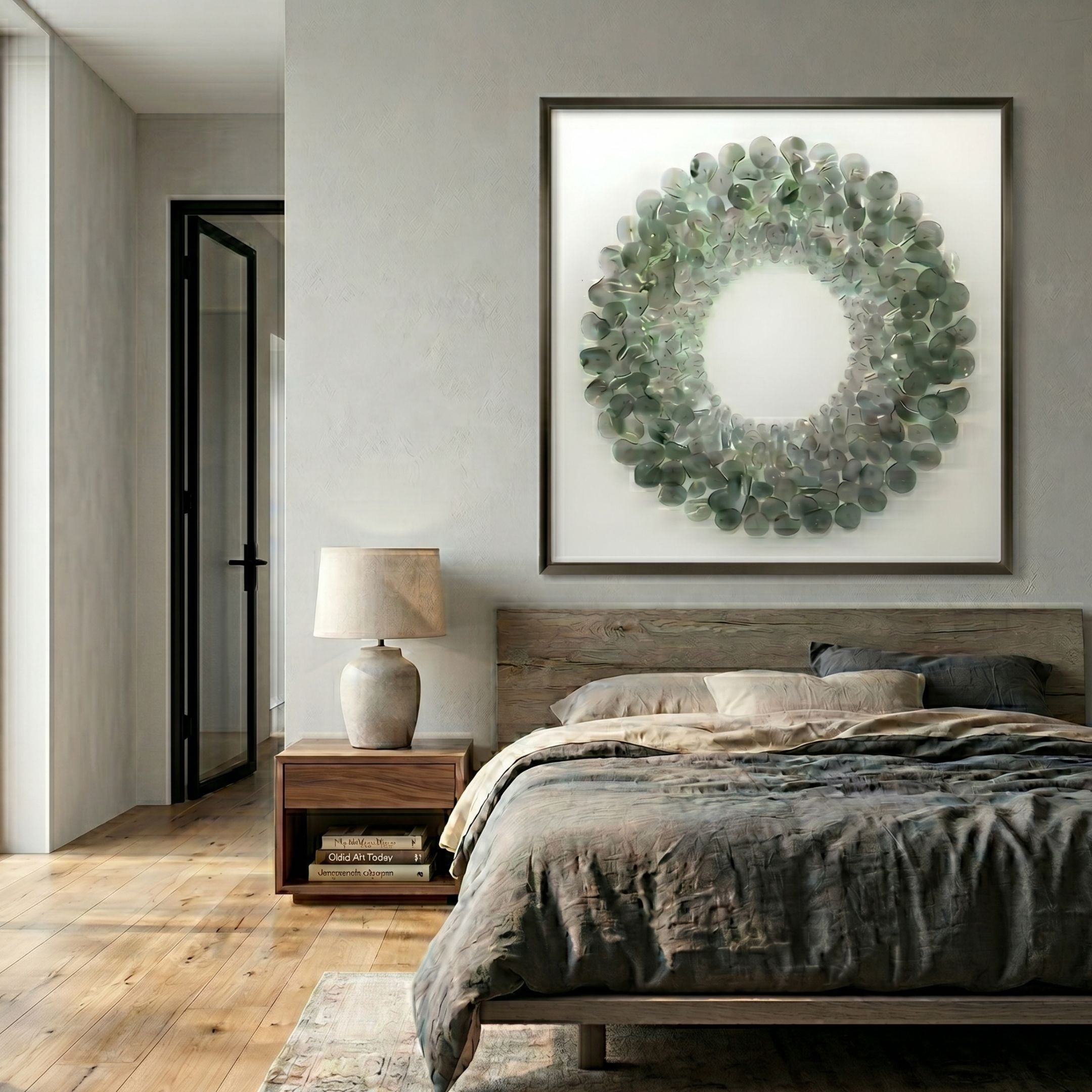 Maravue Smoke Grey Petal Cluster Acrylic 3D Wall Art displayed above a rustic wood bed with grey linens, beside a stone lamp on a walnut nightstand.