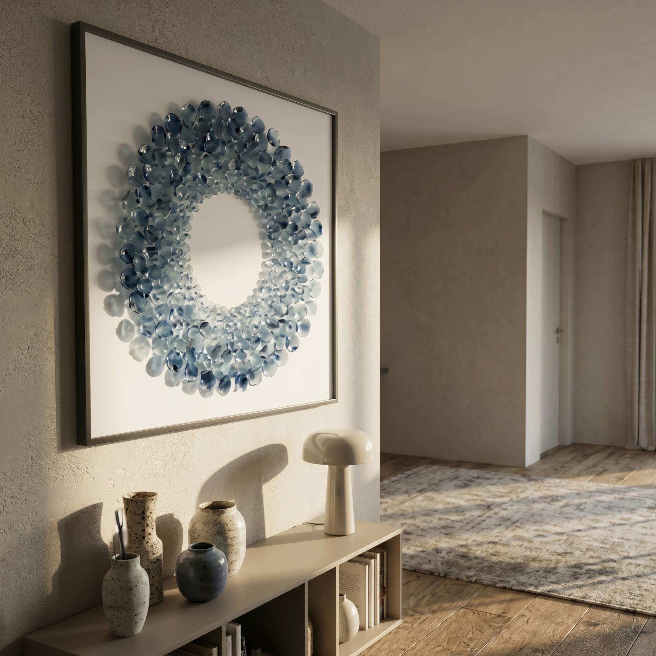 Maravue Blue Petal Cluster Acrylic 3D Wall Art by Giant Sculptures in a framed square format, displayed above a console with ceramic vases and a mushroom lamp in a hallway.