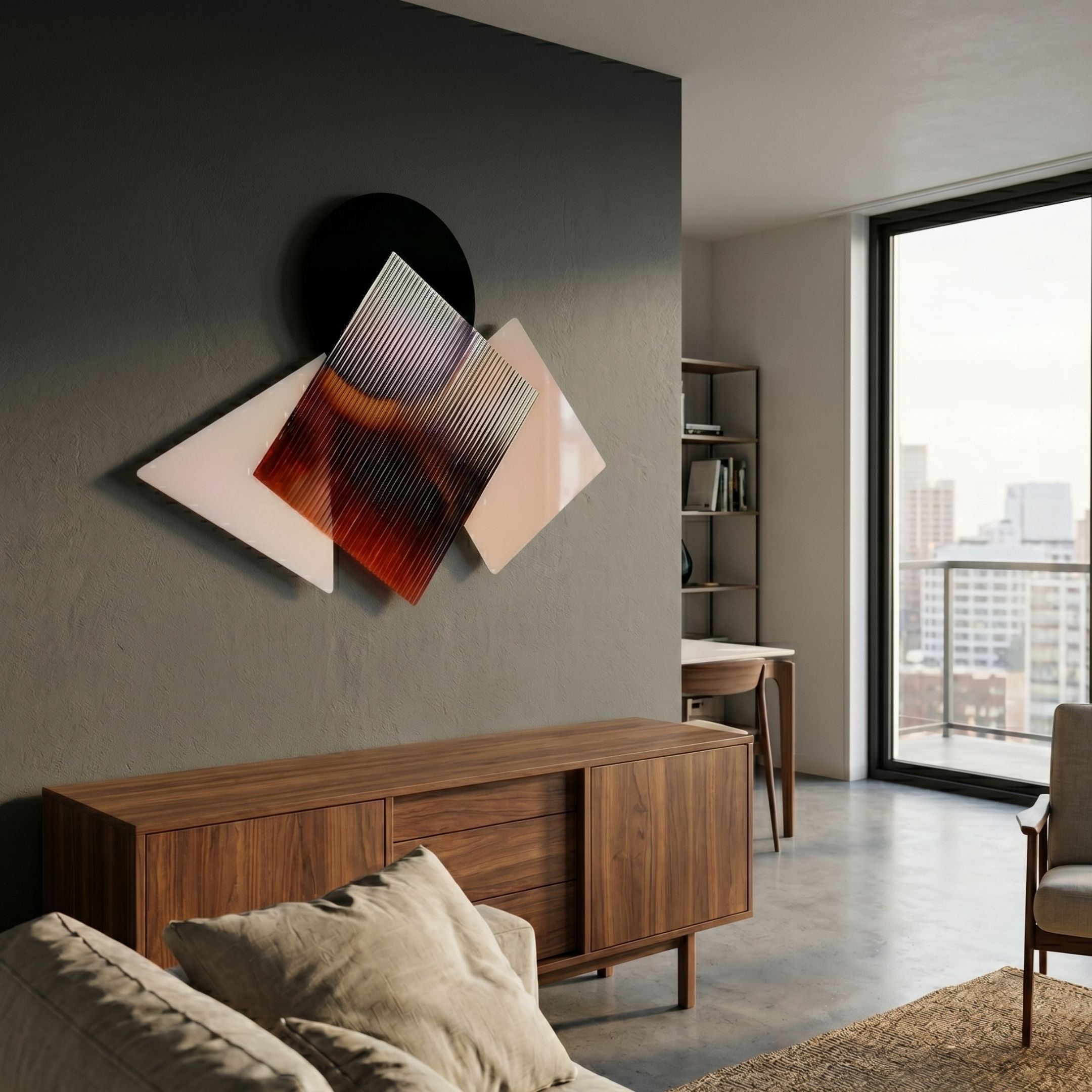 Orbigrad Amber Overlay Geometric Acrylic 3D Wall Art by Giant Sculptures mounted on a dark grey wall above a walnut sideboard in a modern city apartment.