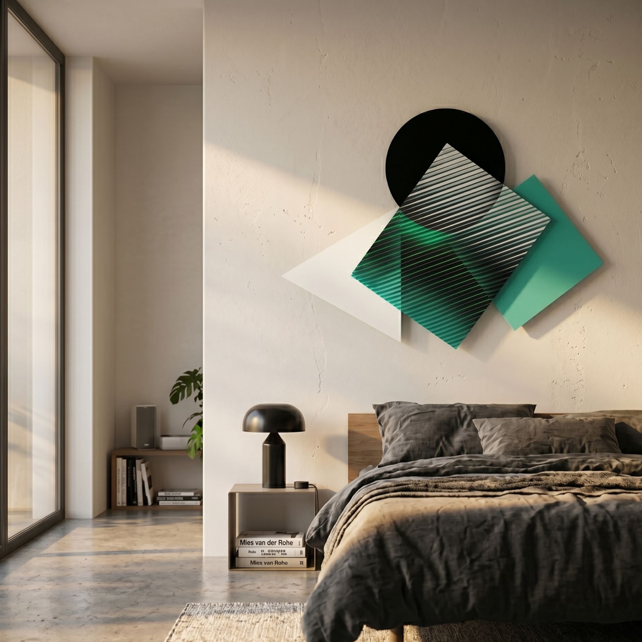 Orbigrad Green Overlay Geometric Acrylic 3D Wall Art mounted above a wooden bed with grey linens, beside a mushroom lamp in a modern bedroom.