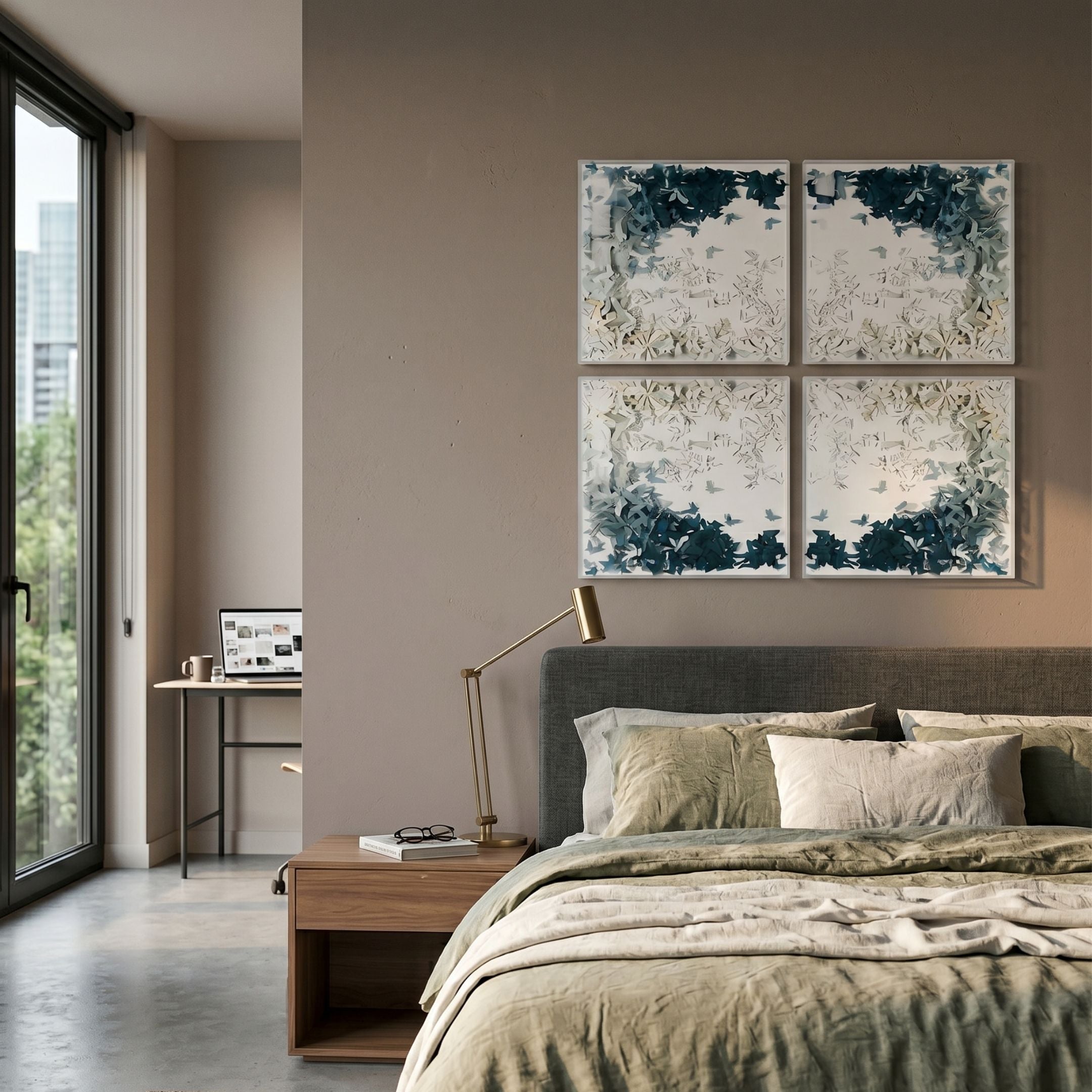 Volara Azure Flight Paper & Acrylic 3D Wall Art by Giant Sculptures, a 2×2 panel set of azure and white butterflies, mounted above a bed with green linen.