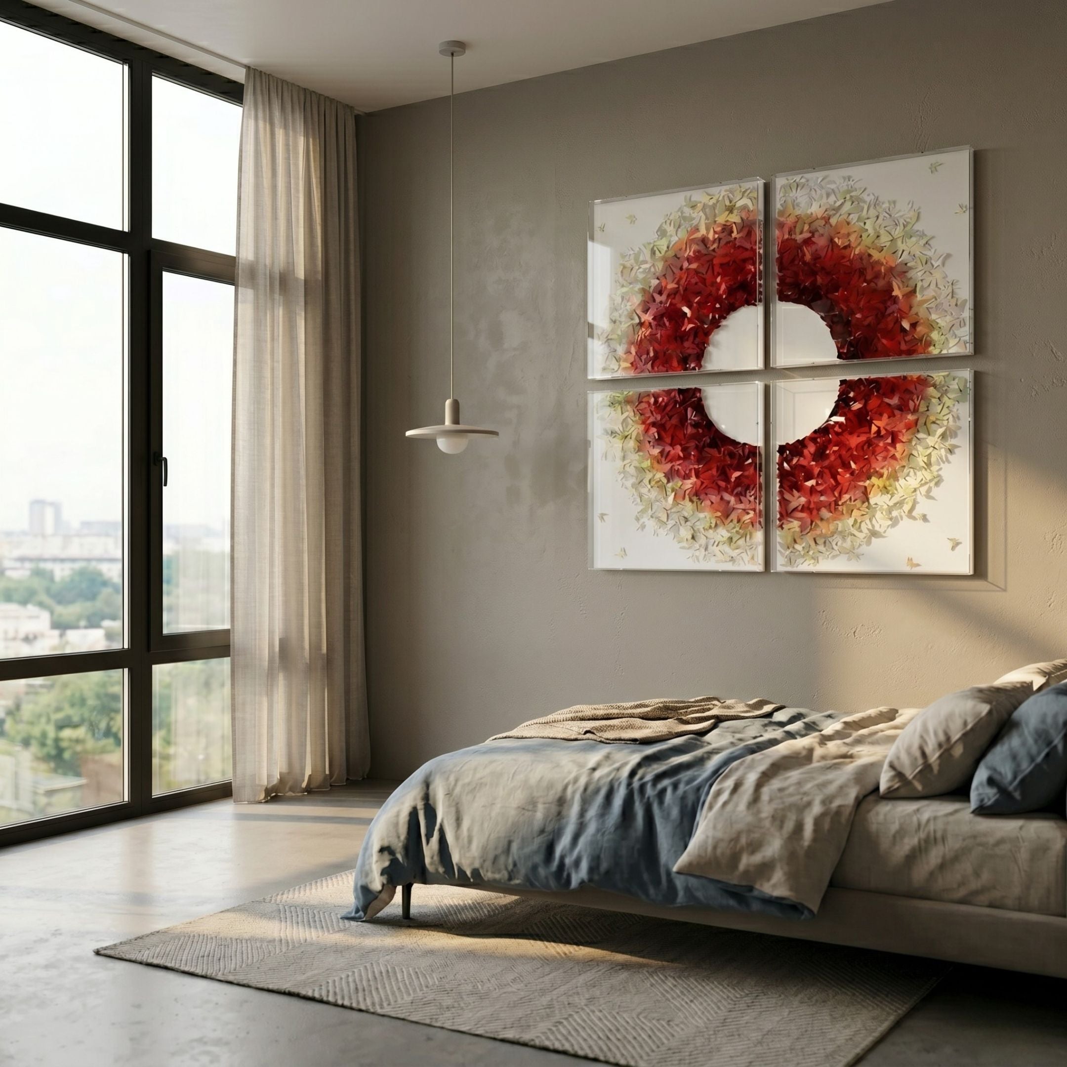Volara Flame Ring Paper & Acrylic 3D Wall Art by Giant Sculptures displayed as a four-panel red and yellow circular burst above a bed in a modern bedroom.