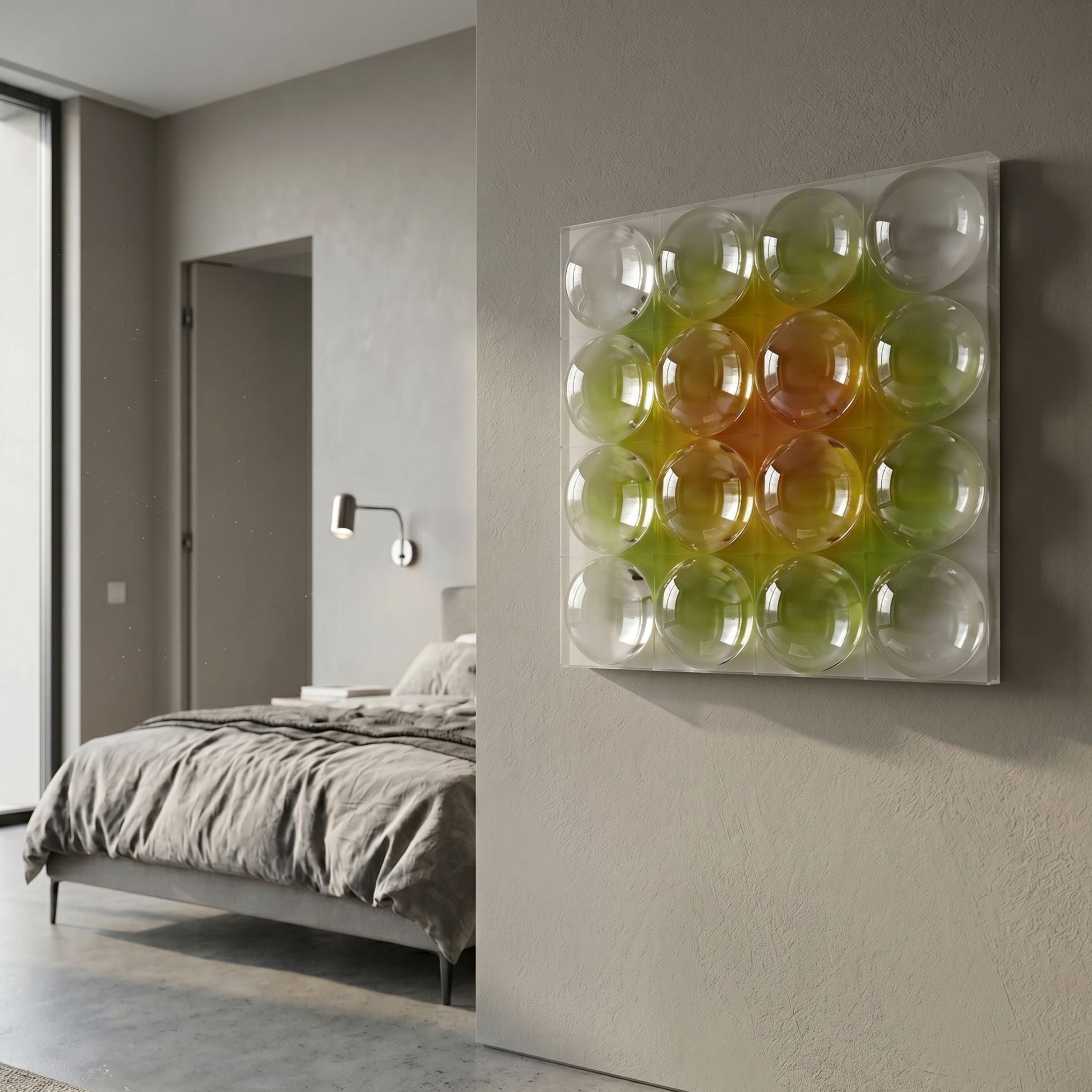 Dromara Lime Glow Fade Acrylic Square 3D Wall Art by Giant Sculptures, mounted on a grey bedroom wall with sixteen domes fading from yellow to lime to clear.