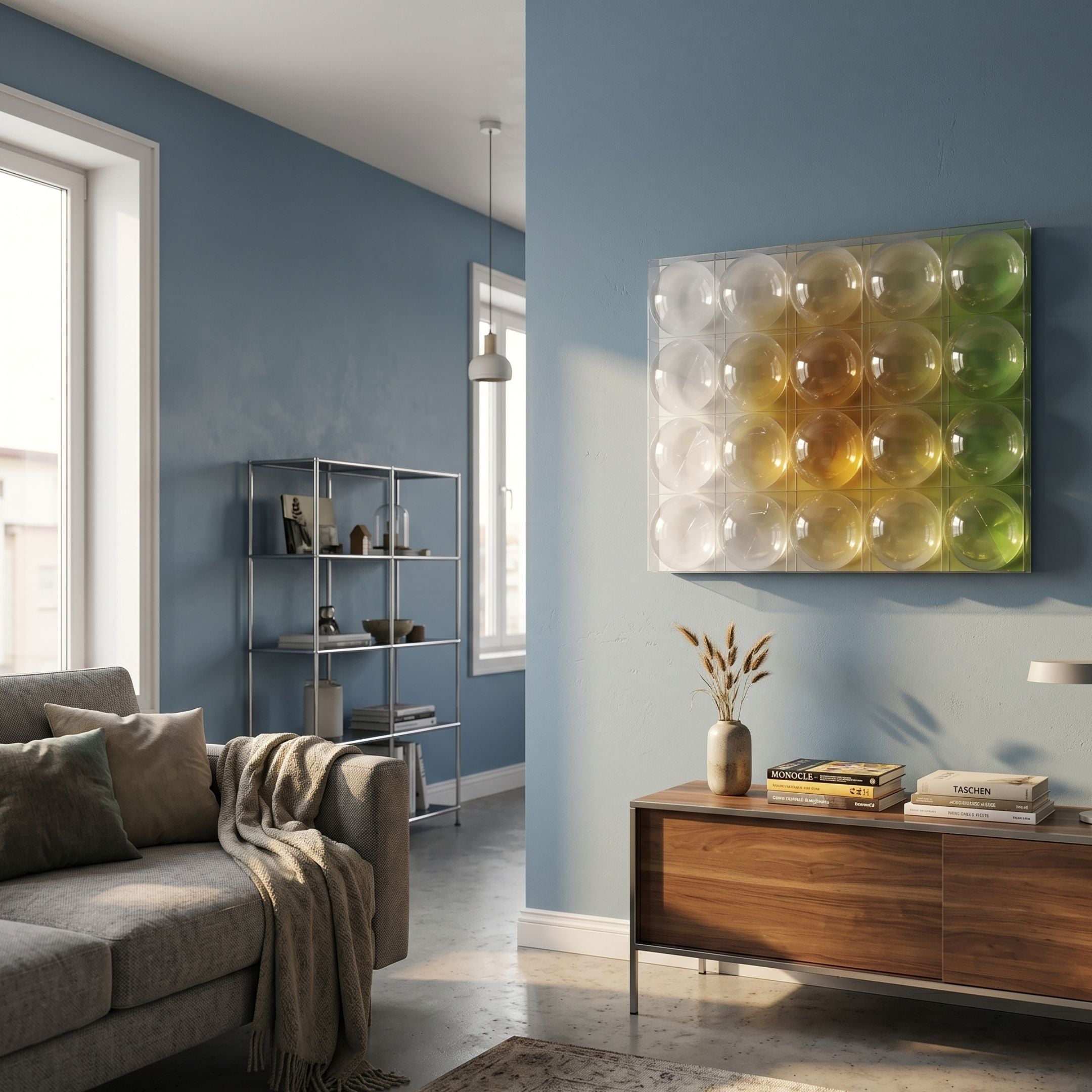 Dromara Lime Tint Gradient Acrylic 3D Wall Art by Giant Sculptures mounted on a blue wall in a modern living room above a walnut sideboard and grey sofa.
