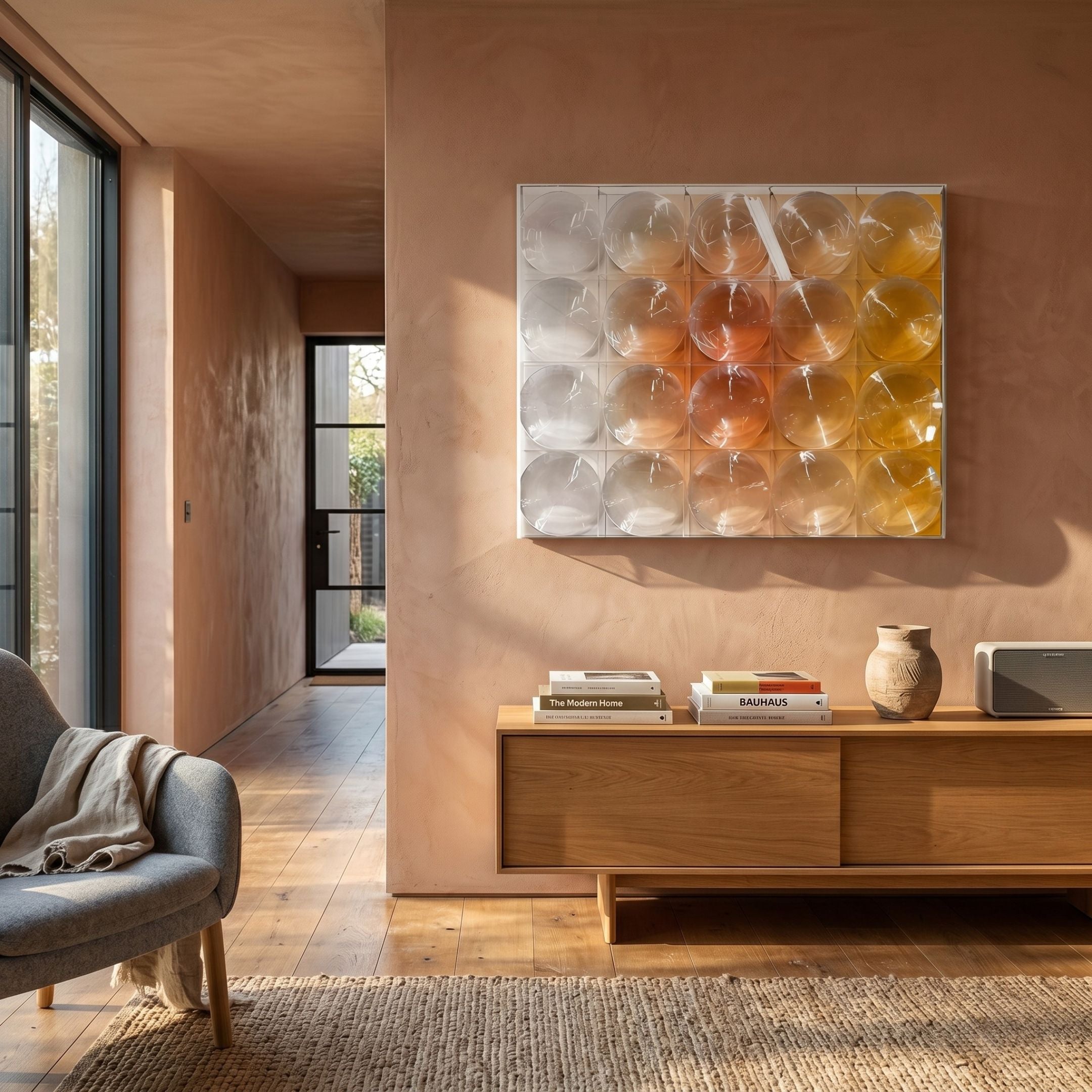 Dromara Amber Gradient Acrylic 3D Wall Art by Giant Sculptures displayed on a terracotta wall above an oak sideboard with books and a vase in a sunlit modern room.
