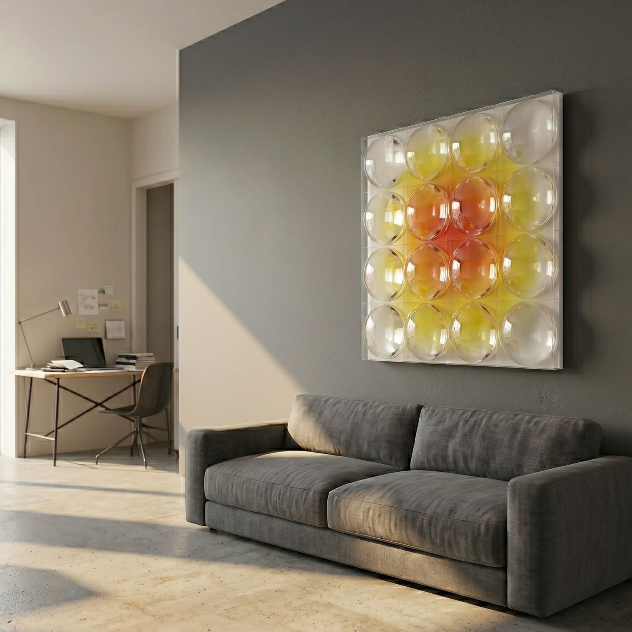 Dromara Lemon Fire Fade Acrylic Square 3D Wall Art with radial orange-to-yellow gradient spheres displayed on a grey wall above a charcoal sofa.