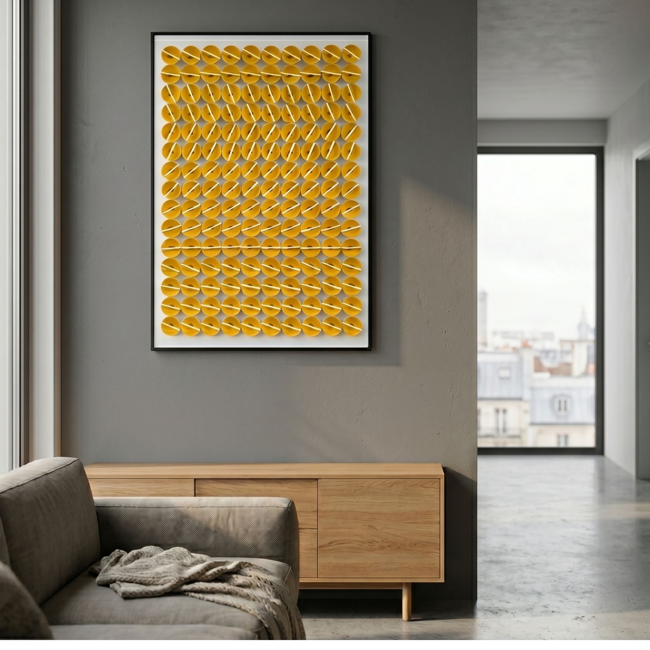 Parella Yellow Slit Disc Grid Acrylic 3D Wall Art by Giant Sculptures displayed above an oak sideboard in a modern grey living room with city view.