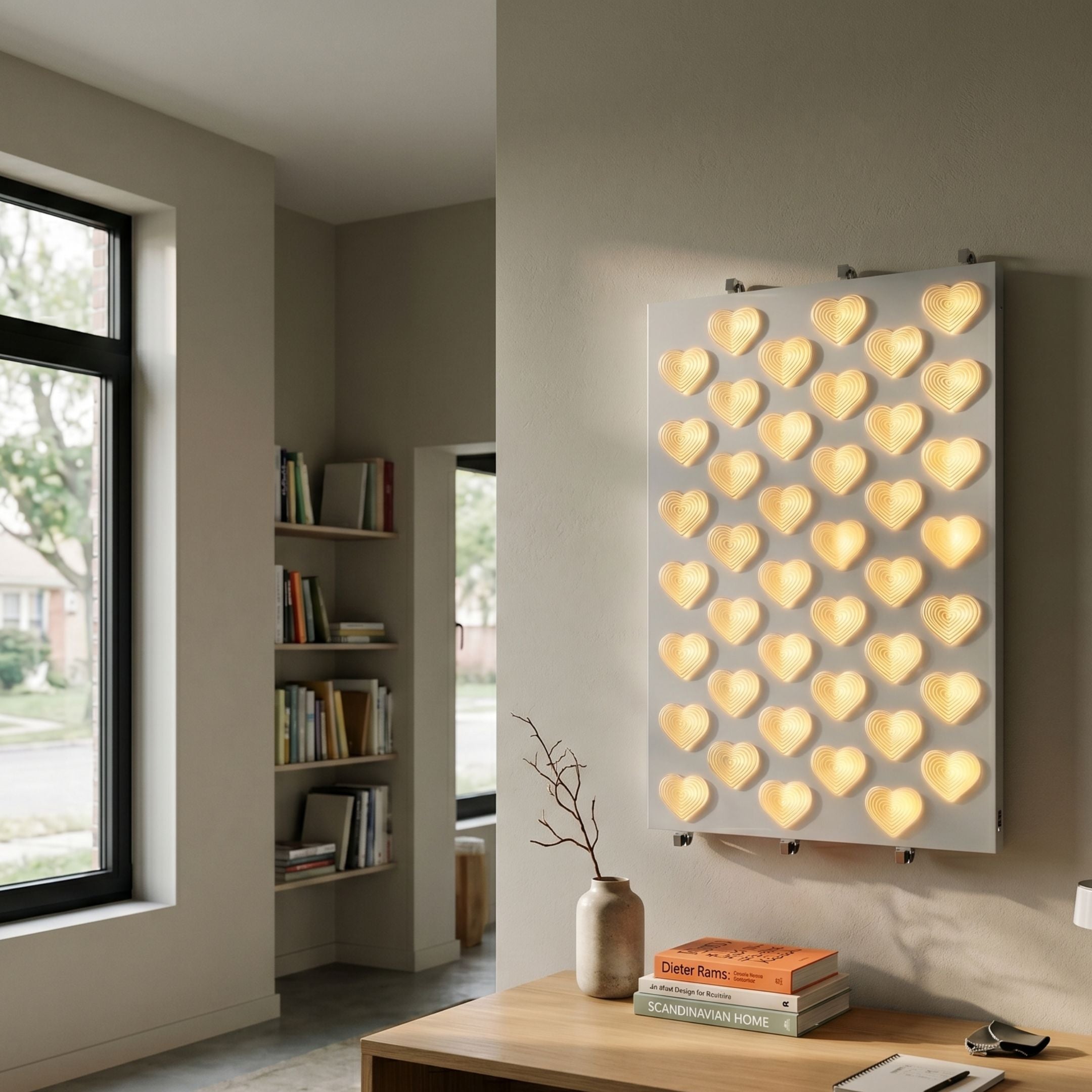 Luminex Glow Heart LED Acrylic 3D Wall Art by Giant Sculptures mounted on a beige wall above a wood console with books, glowing warm yellow concentric hearts.